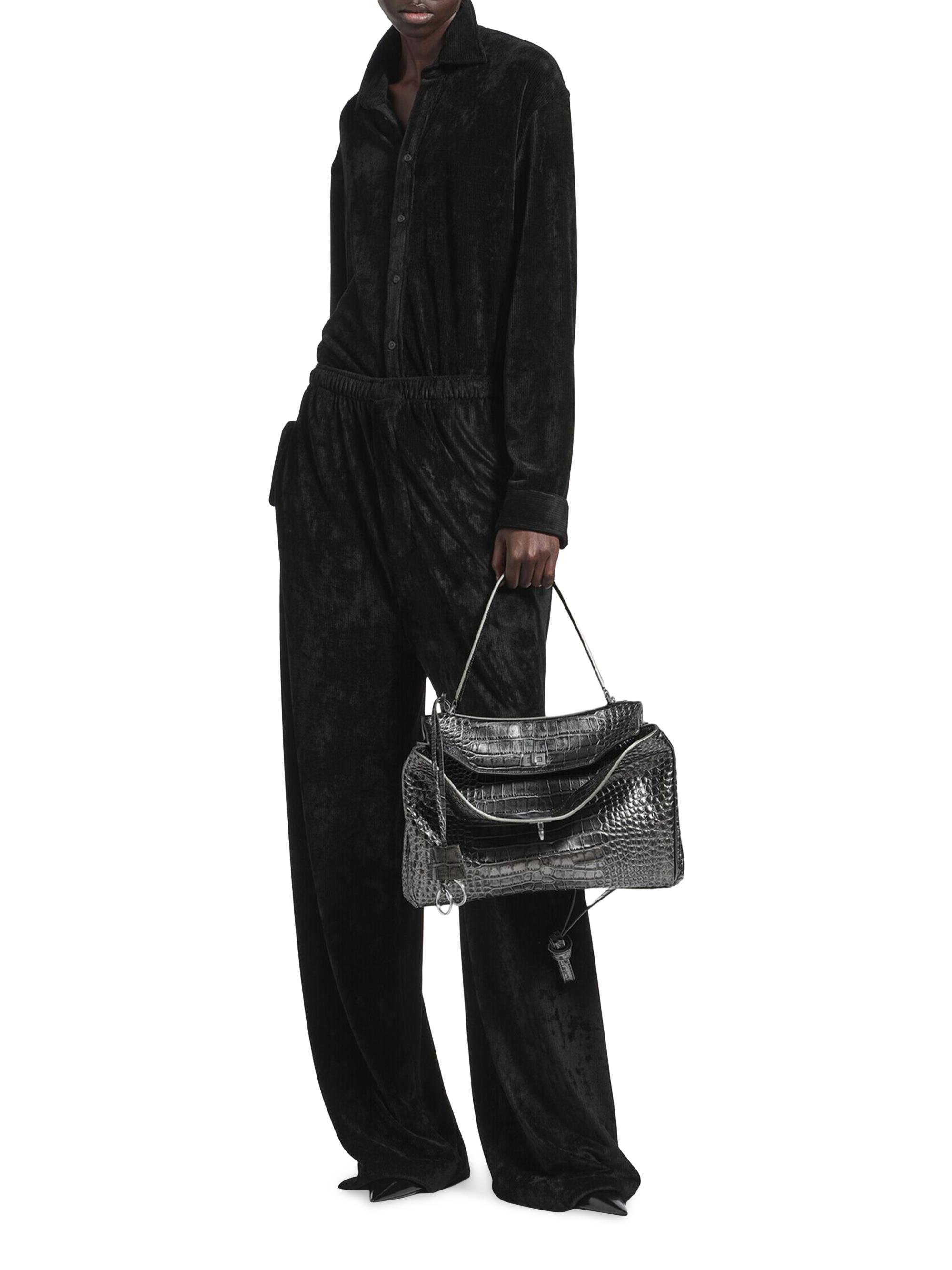 Balenciaga Women's Rodeo  Metallized Crocodile Embossed Shoulder Bag - Gun Metal