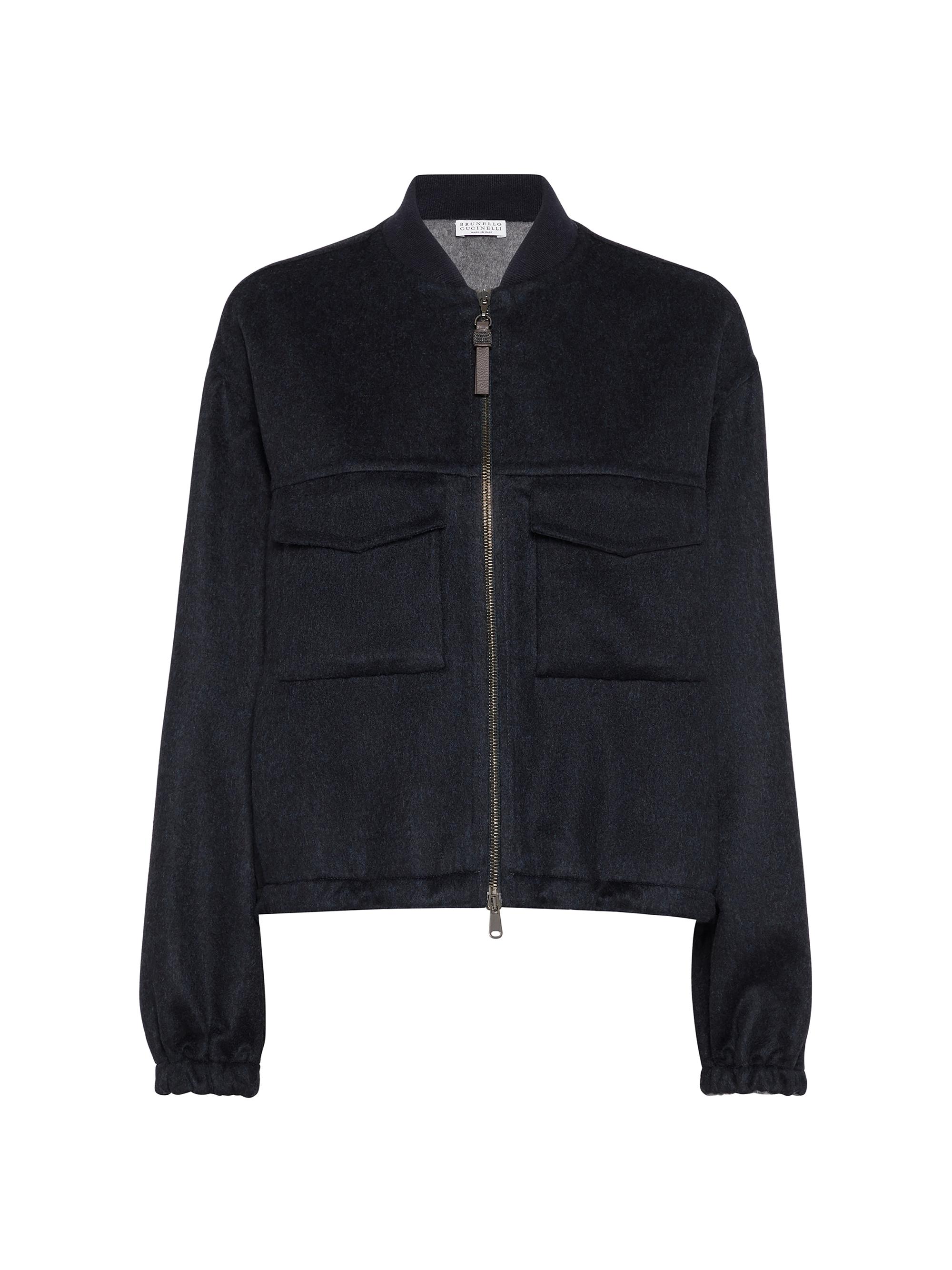 Brunello Cucinelli Women's Hand Crafted Virgin Wool Double Cloth Bomber Jacket with Shiny Zipper Pull - Night