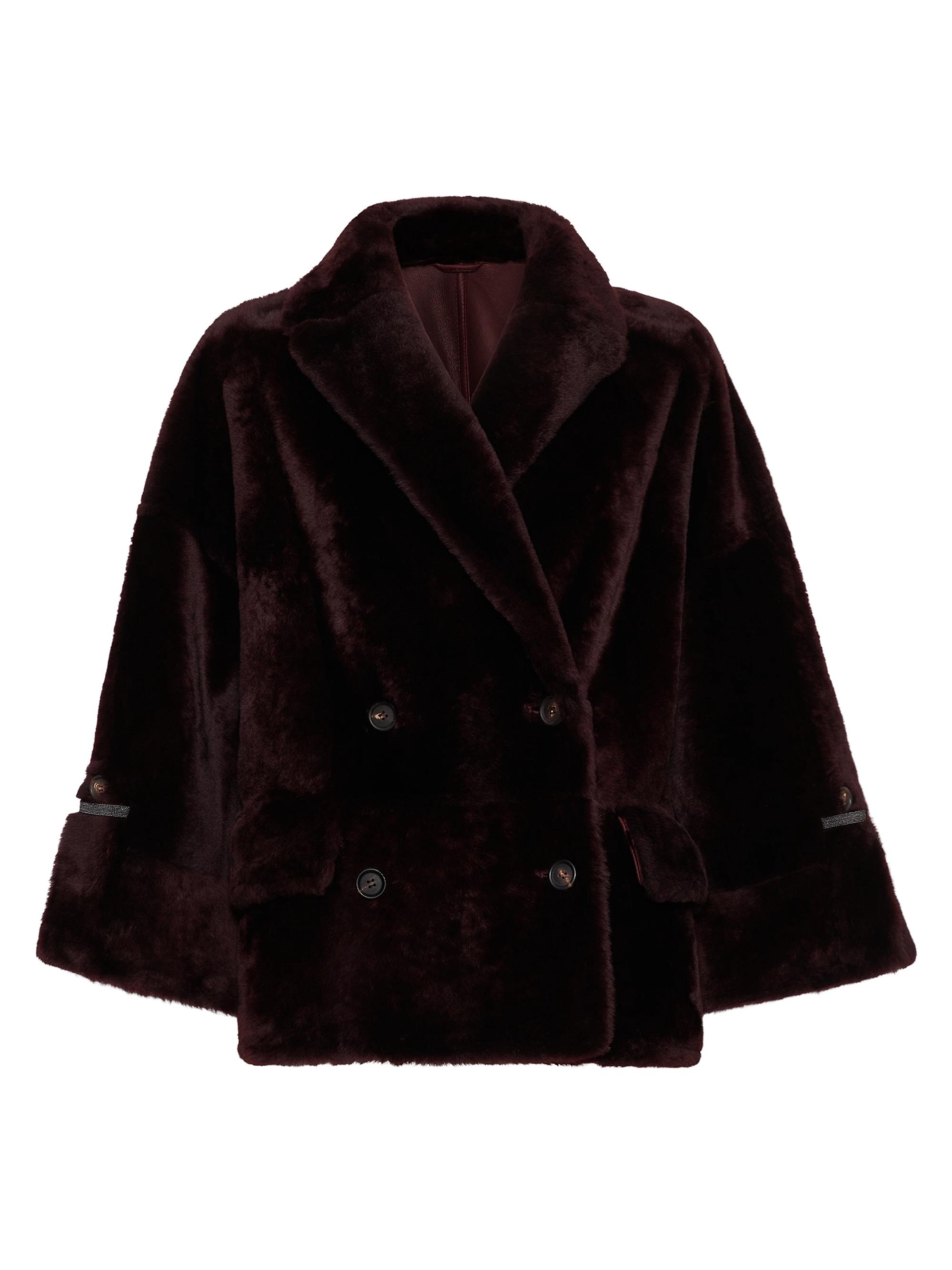 Brunello Cucinelli Women's Reversible Shearling Outerwear Jacket with Shiny Cuff Details - Burgundy