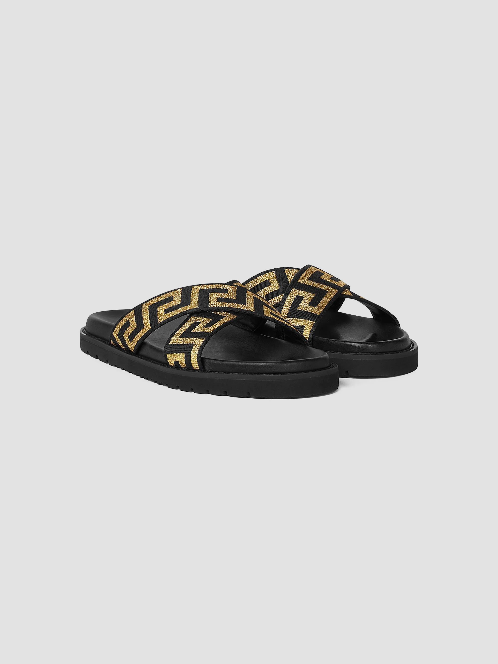 Versace Black and Gold Greek-Key Cross-Strap Slide Sandals Versace La Greca Leather Slide Sandal in Black/Gold | Smart  main image 4
