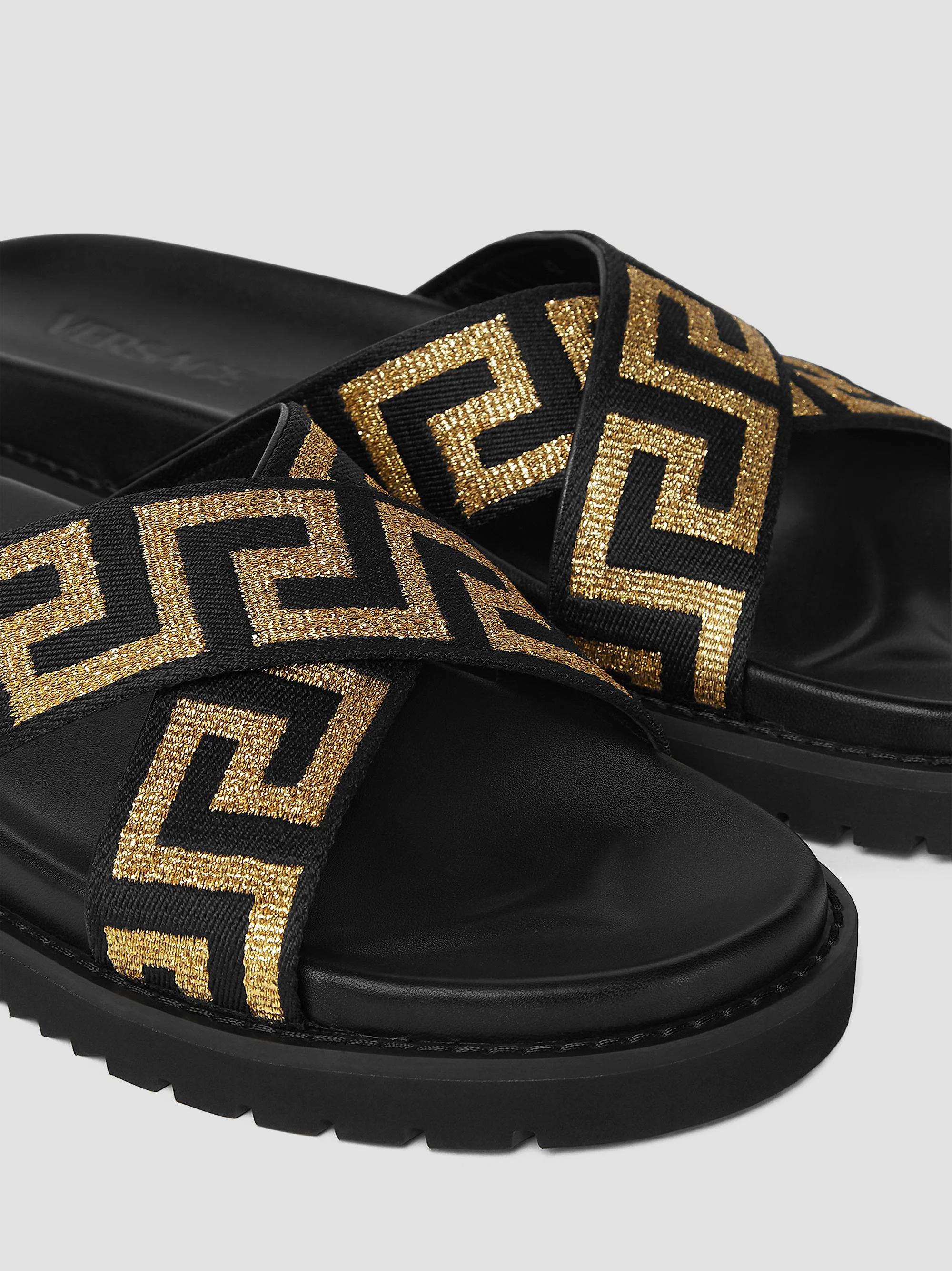 Versace Greca Sandals Versace Black/White Leather And Fabric Flat Slide Greca  main image 2