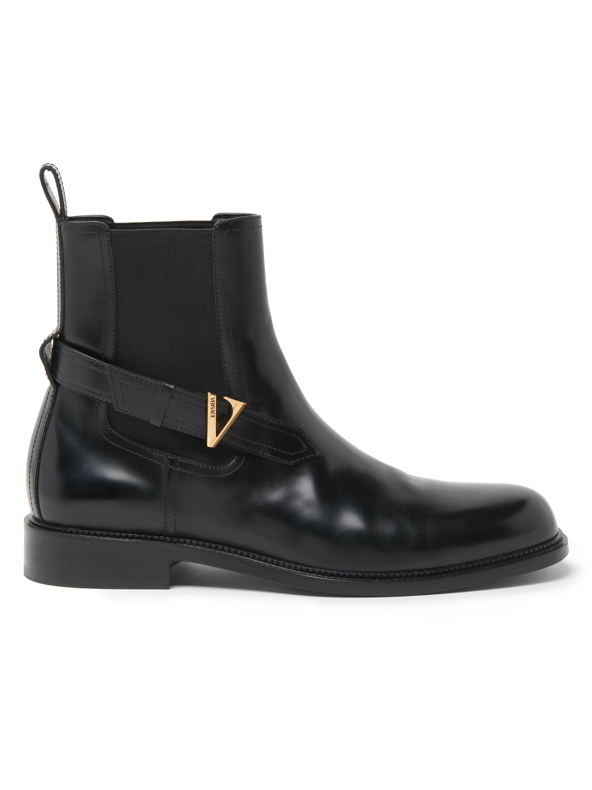 Versace Men's V-Logo Ankle-Strap Leather Booties - Black Vercase Gold