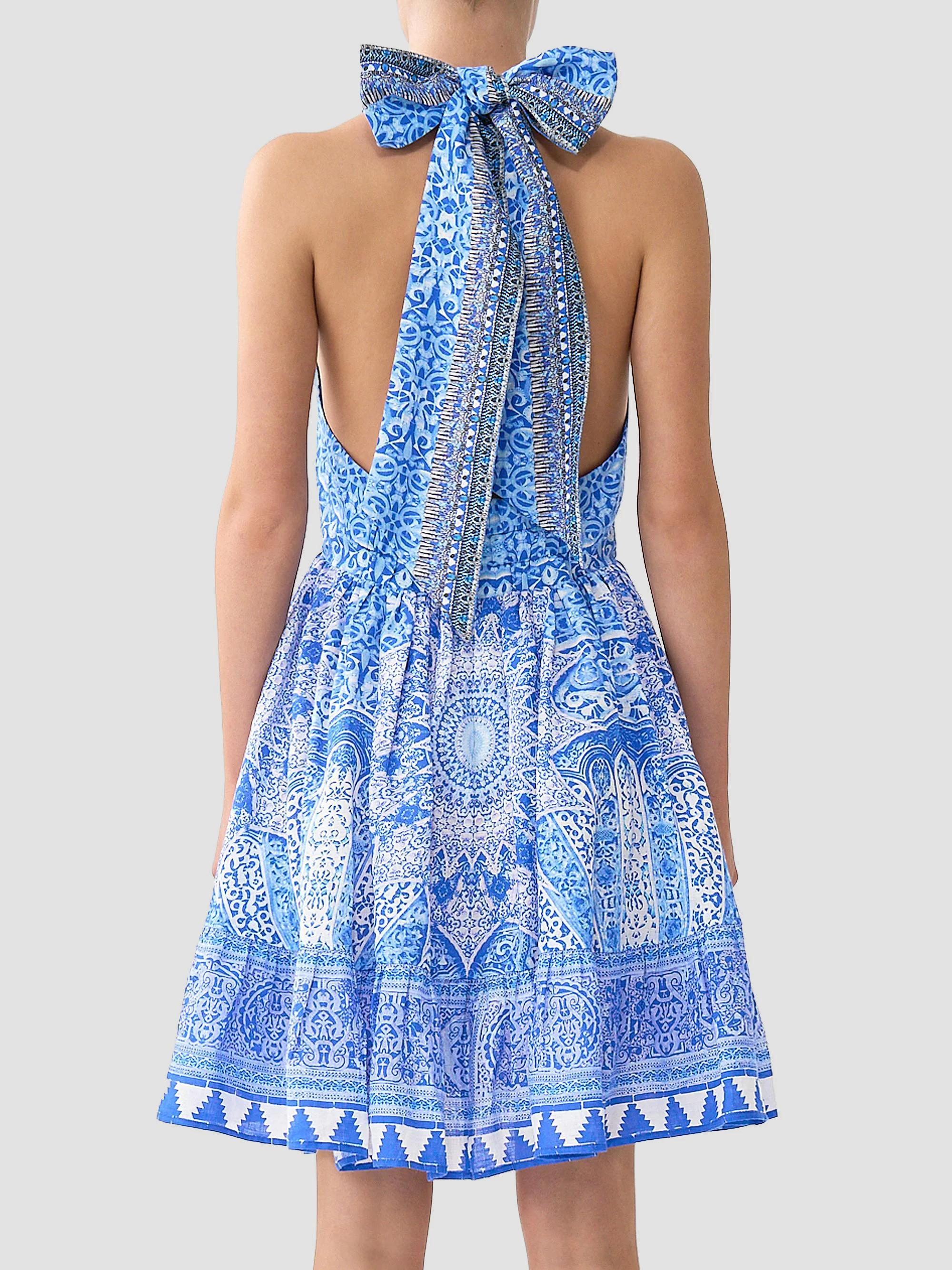 Camilla Printed Linen Ruffle-Hem Halter Minidress