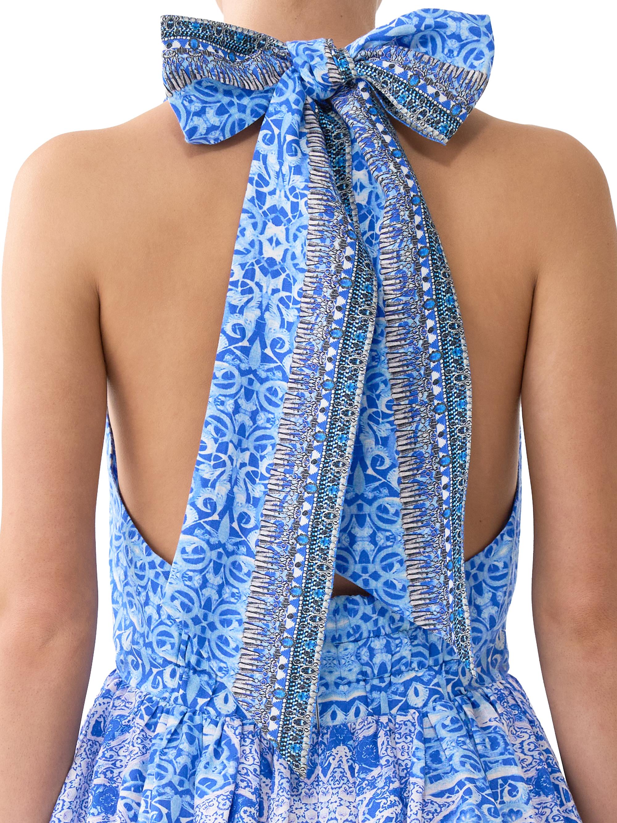 Camilla Printed Linen Ruffle-Hem Halter Minidress | Saks Fifth Avenue