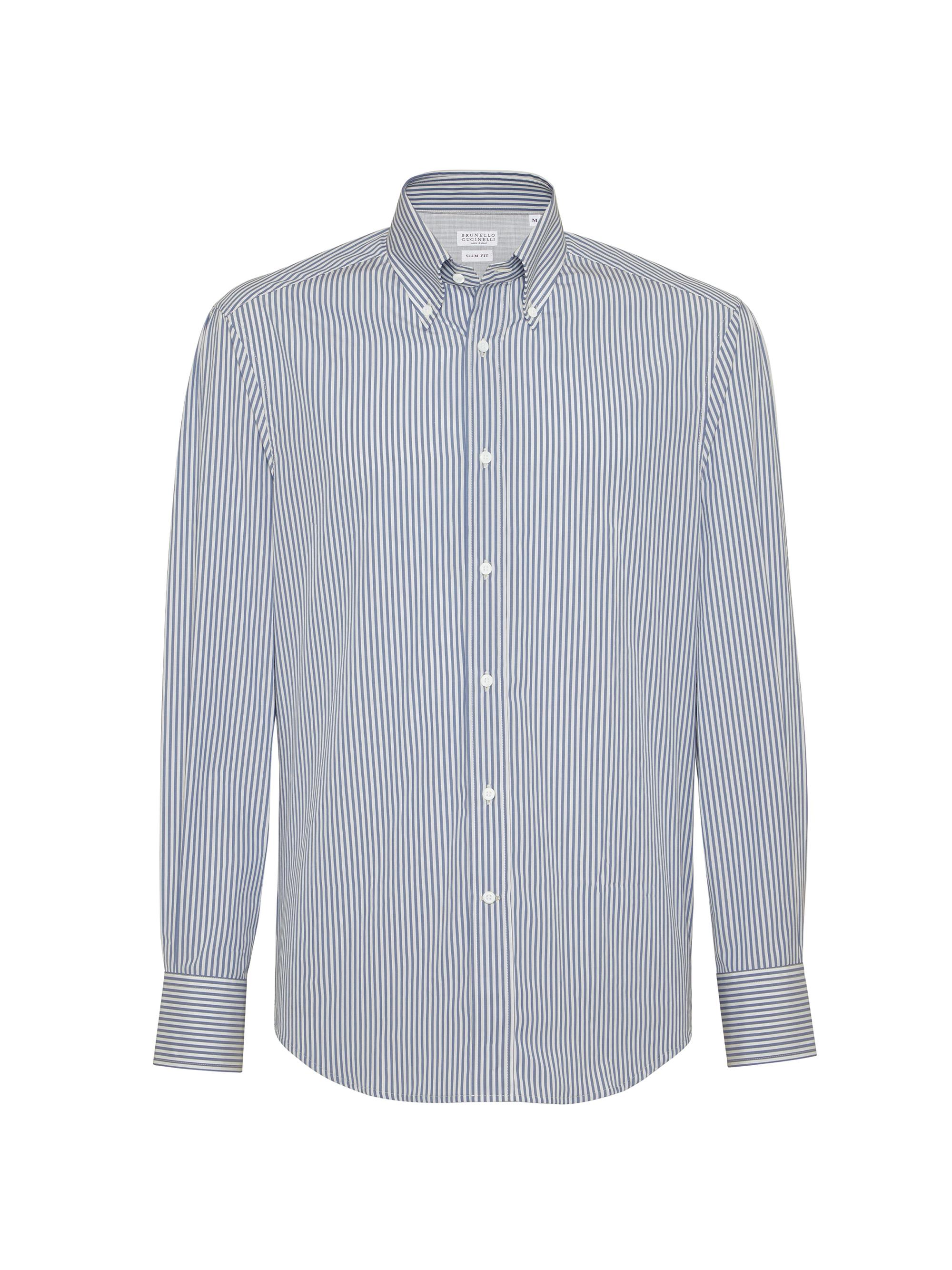 Brunello Cucinelli Men's Striped Poplin Slim Fit Shirt with Button Down Collar - Azure