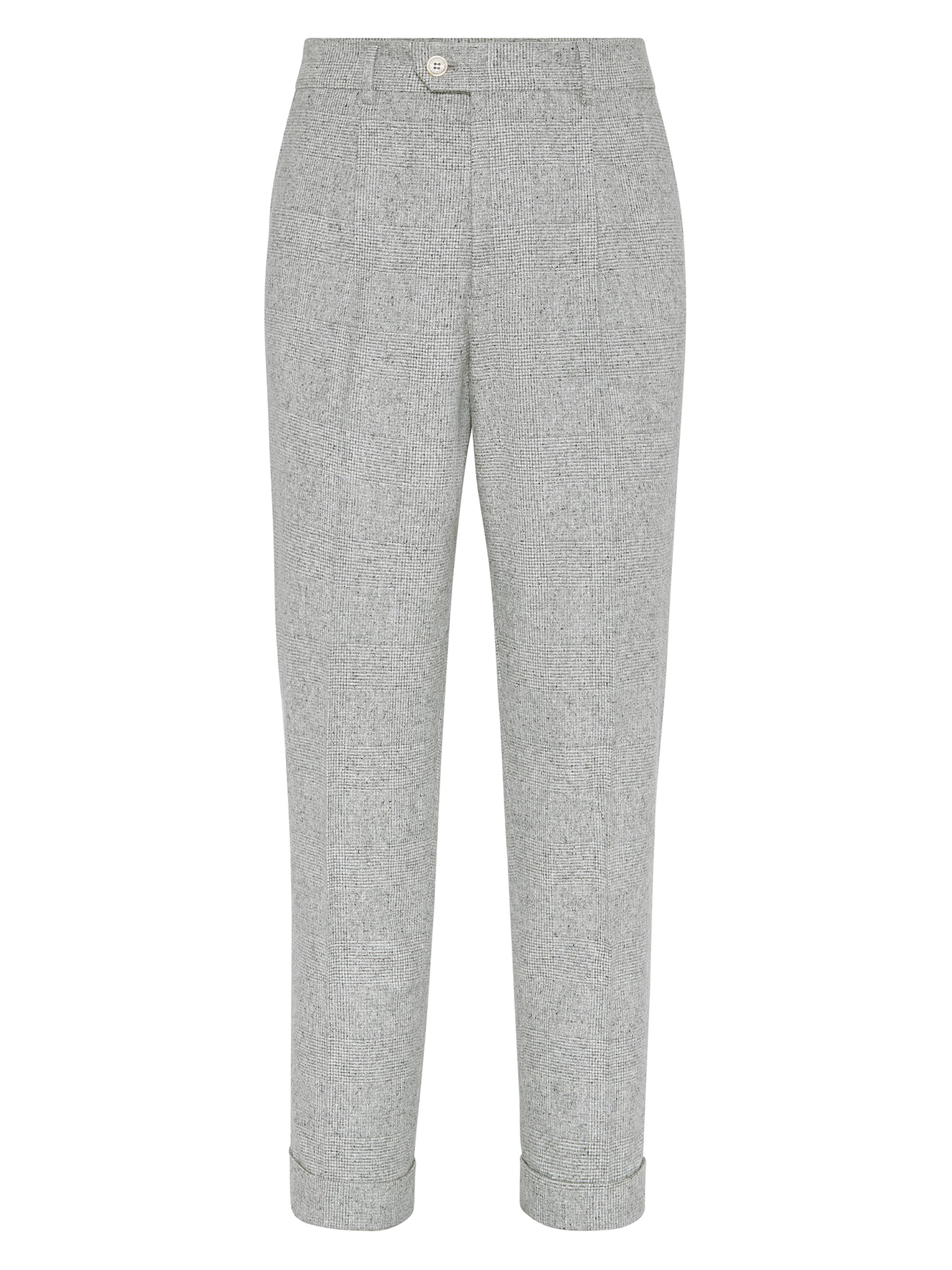 Brunello Cucinelli Men's Flecked Prince of Wales Flannel Leisure Fit Trousers - Light Grey