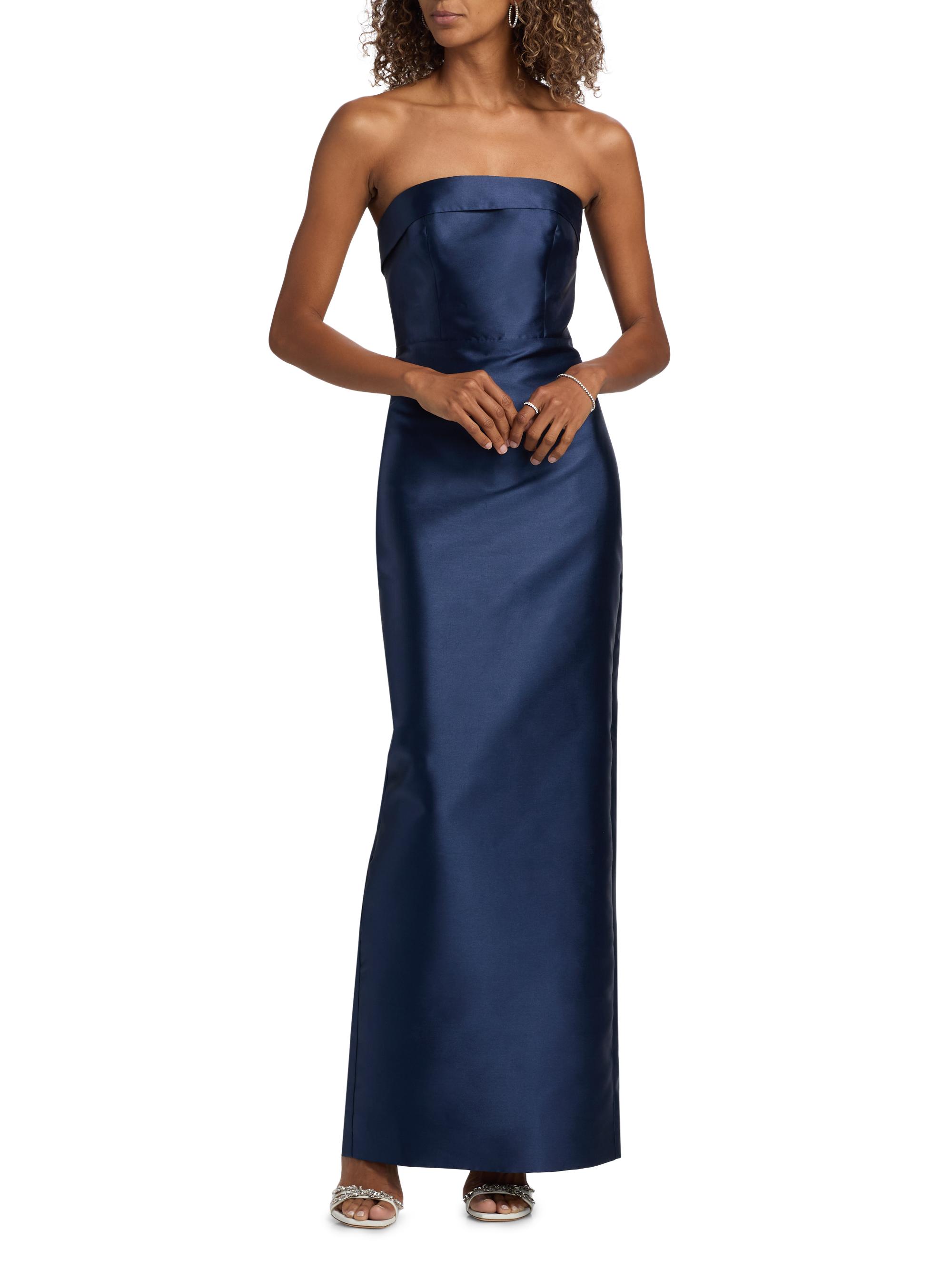 slim fit dress slacks Do Long Gold Metallic Strapless Dress