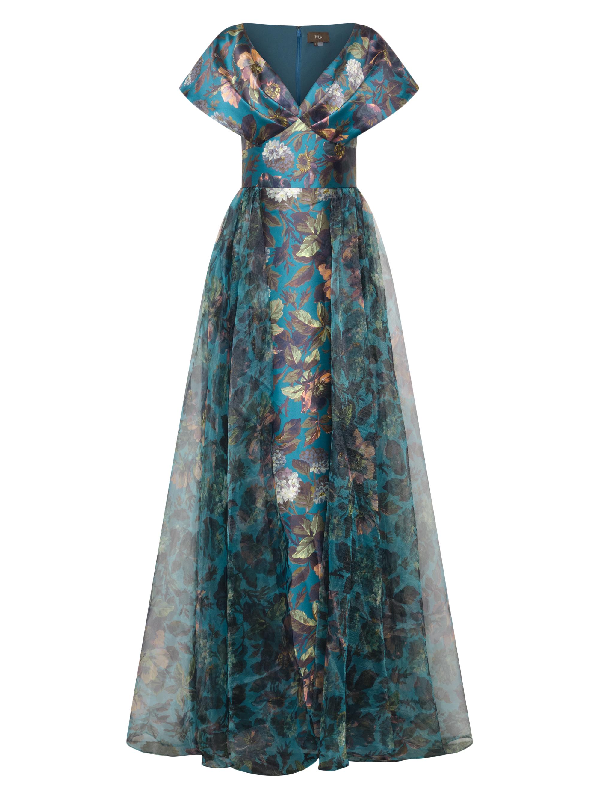 Theia Women's Azaria Floral Mikado Draped V-Neck Gown - Gilded Hydrangea