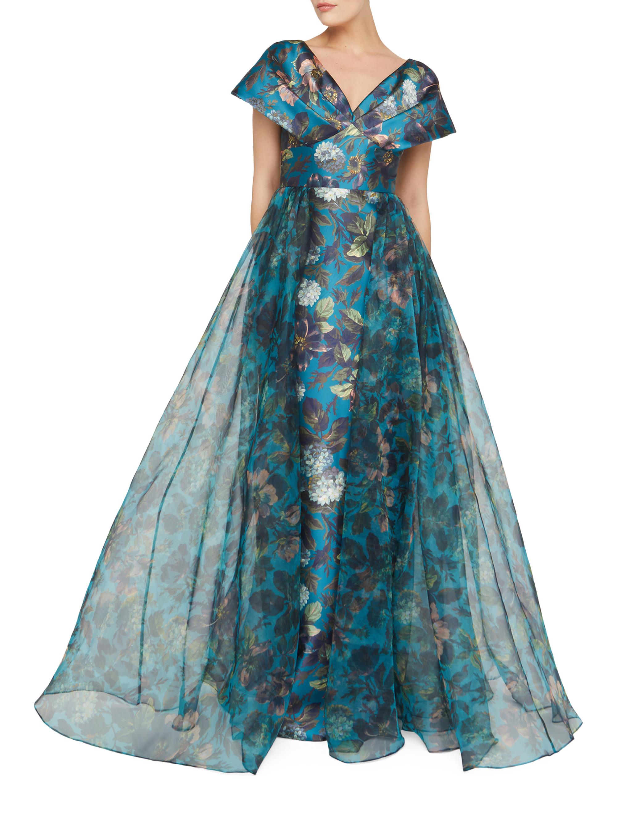 Theia Azaria Floral Mikado Draped V-Neck Gown | Saks Fifth Avenue