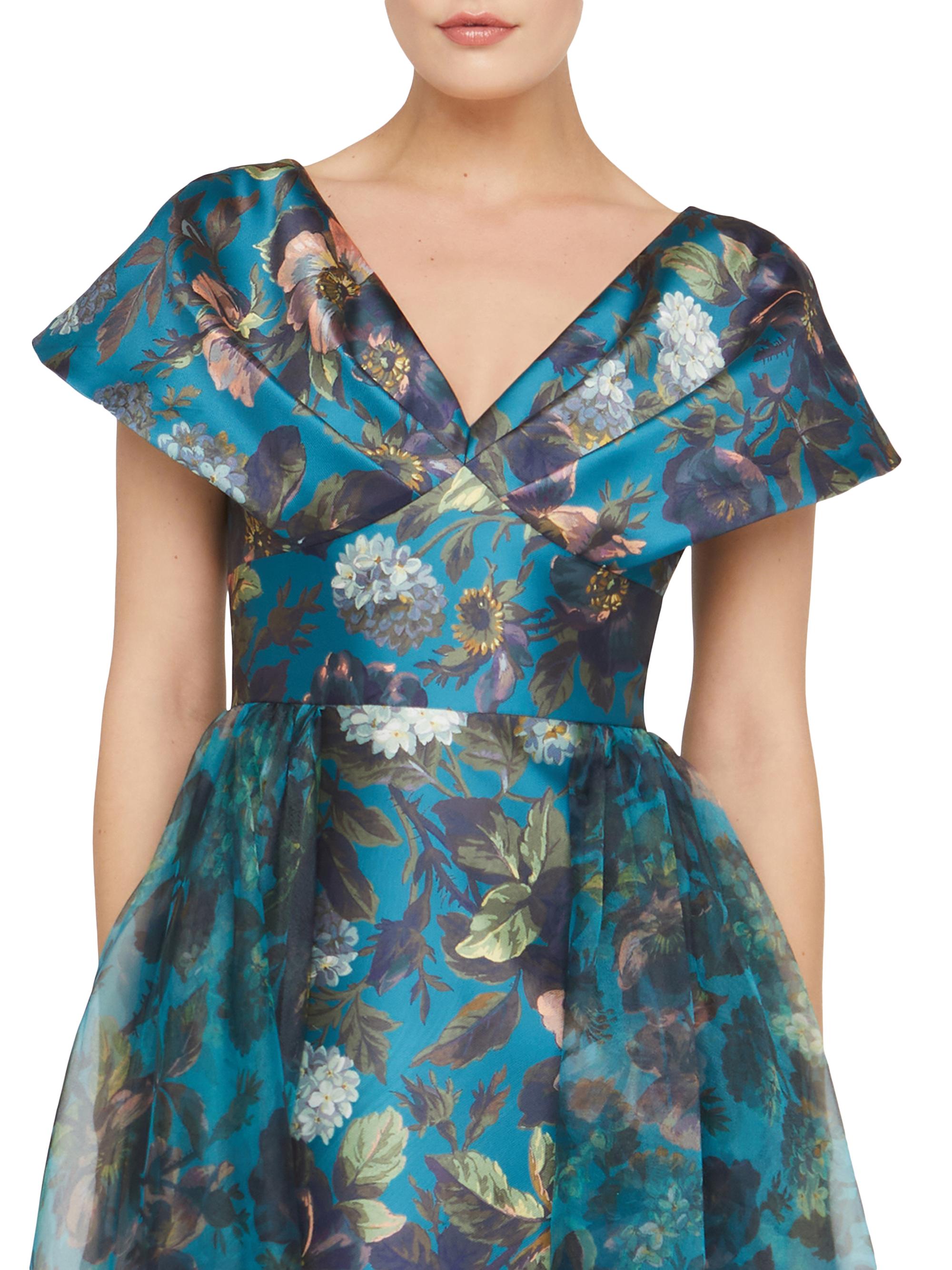 Theia Azaria Floral Mikado Draped V-Neck Gown | Saks Fifth Avenue