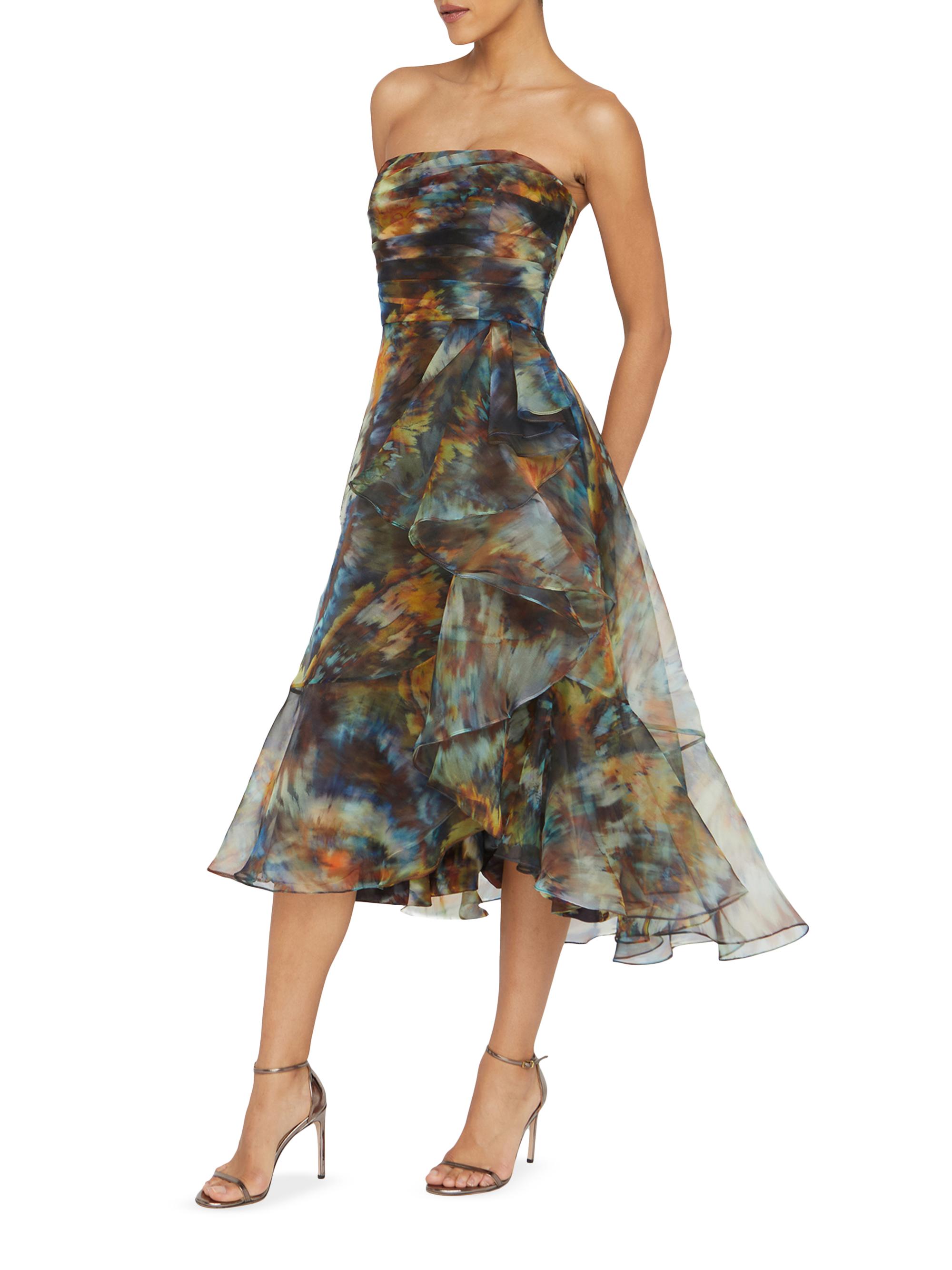 Theia Evanthe Abstract Organza Strapless Midi-Dress | Saks Fifth Avenue
