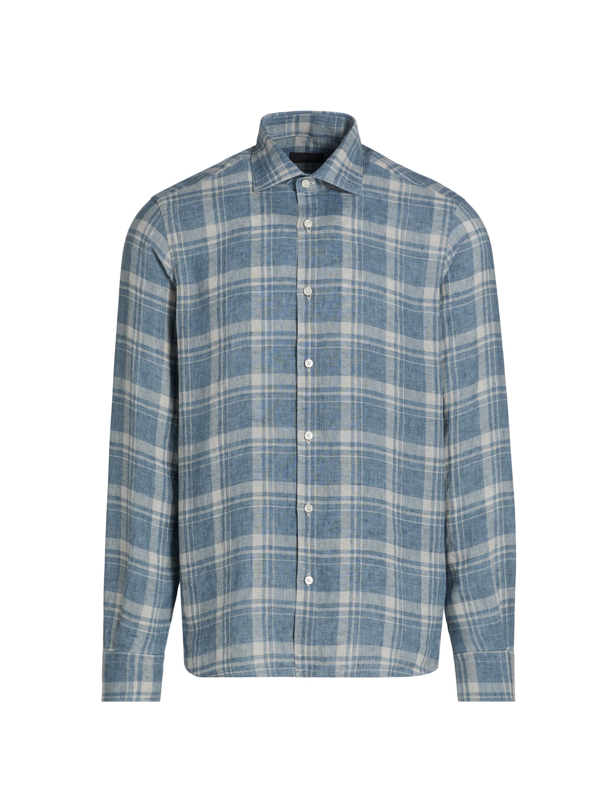 Saks Fifth Avenue Men's Plaid Linen Button-Front Shirt - Blue Beige