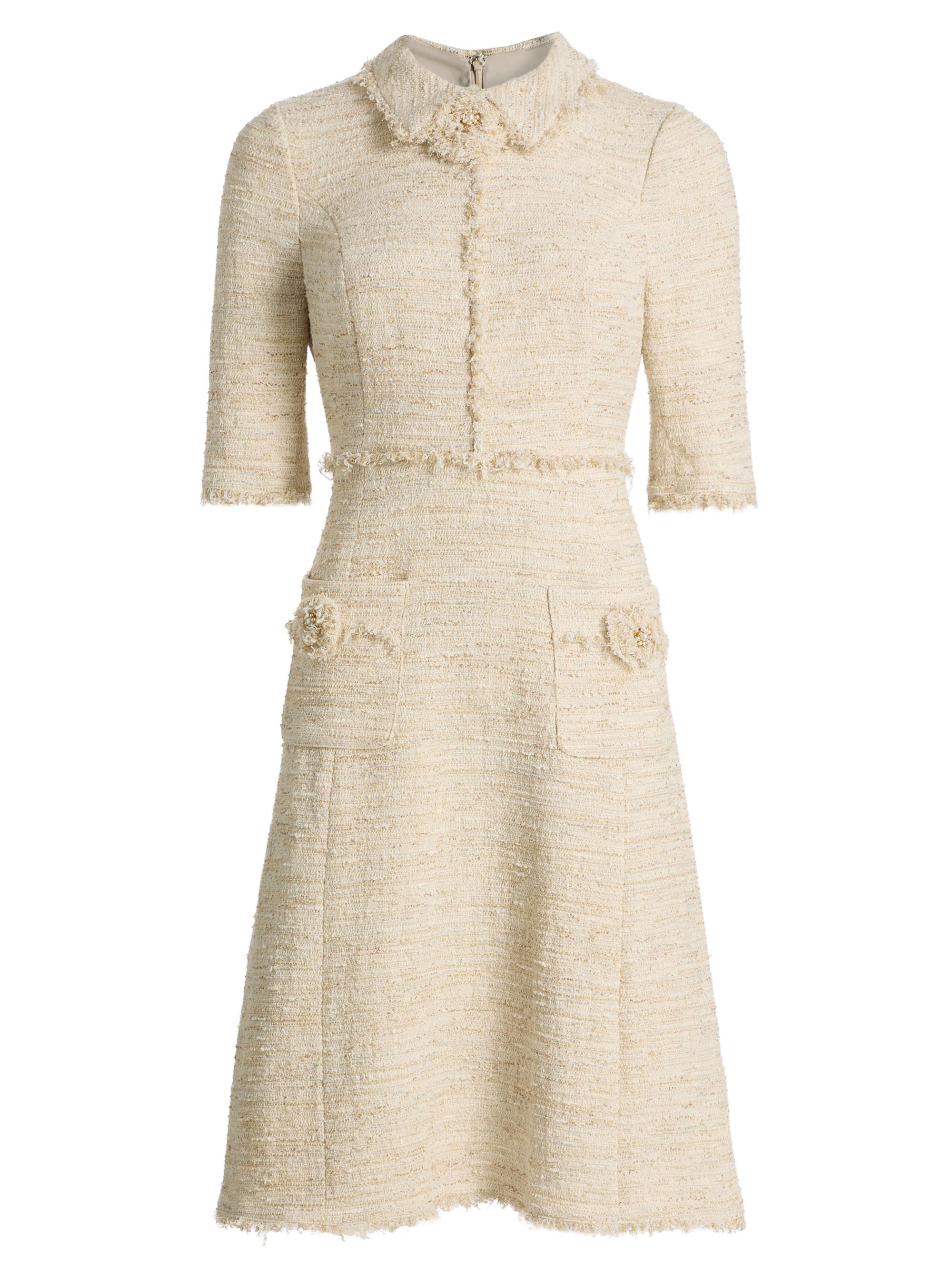 Metallic Tweed Fray Knee-Length Dress