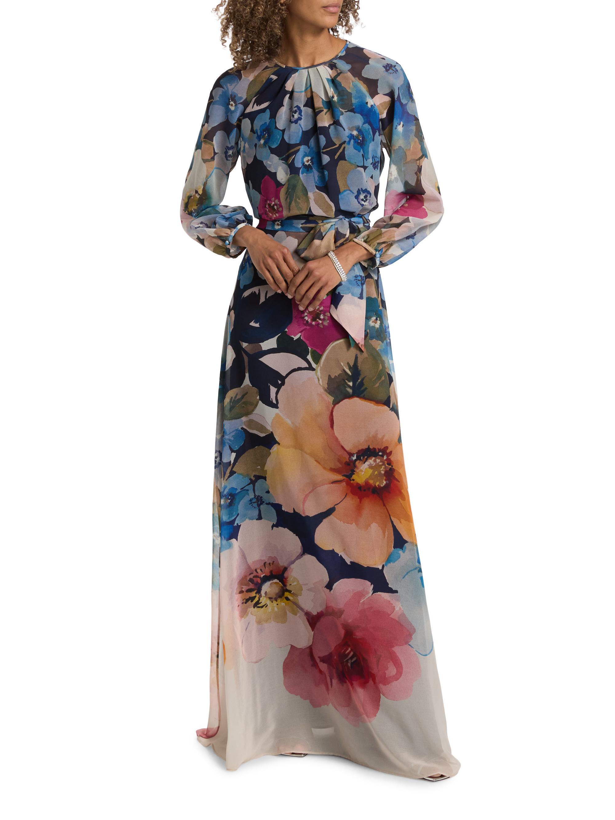 long sleeve floral chiffon dress MissJophiel One Shoulder Sleeves Print with Side Slit Pink Floral Print / Tea Length / Custom Size line floor Long Sleeve Floral Chiffon Maxi