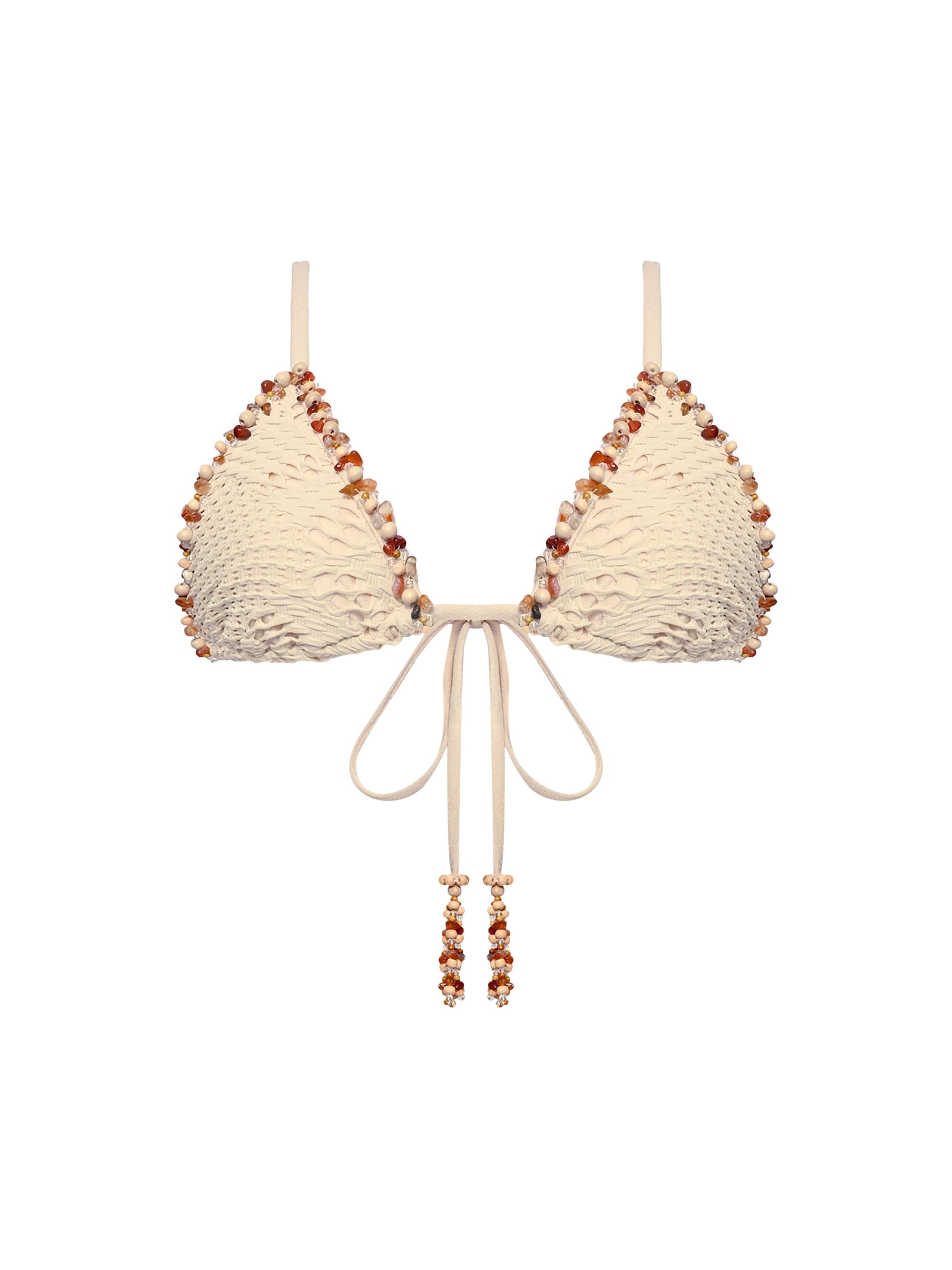 PatBO Women's Beaded Mesh Triangle Bikini Top - Beige