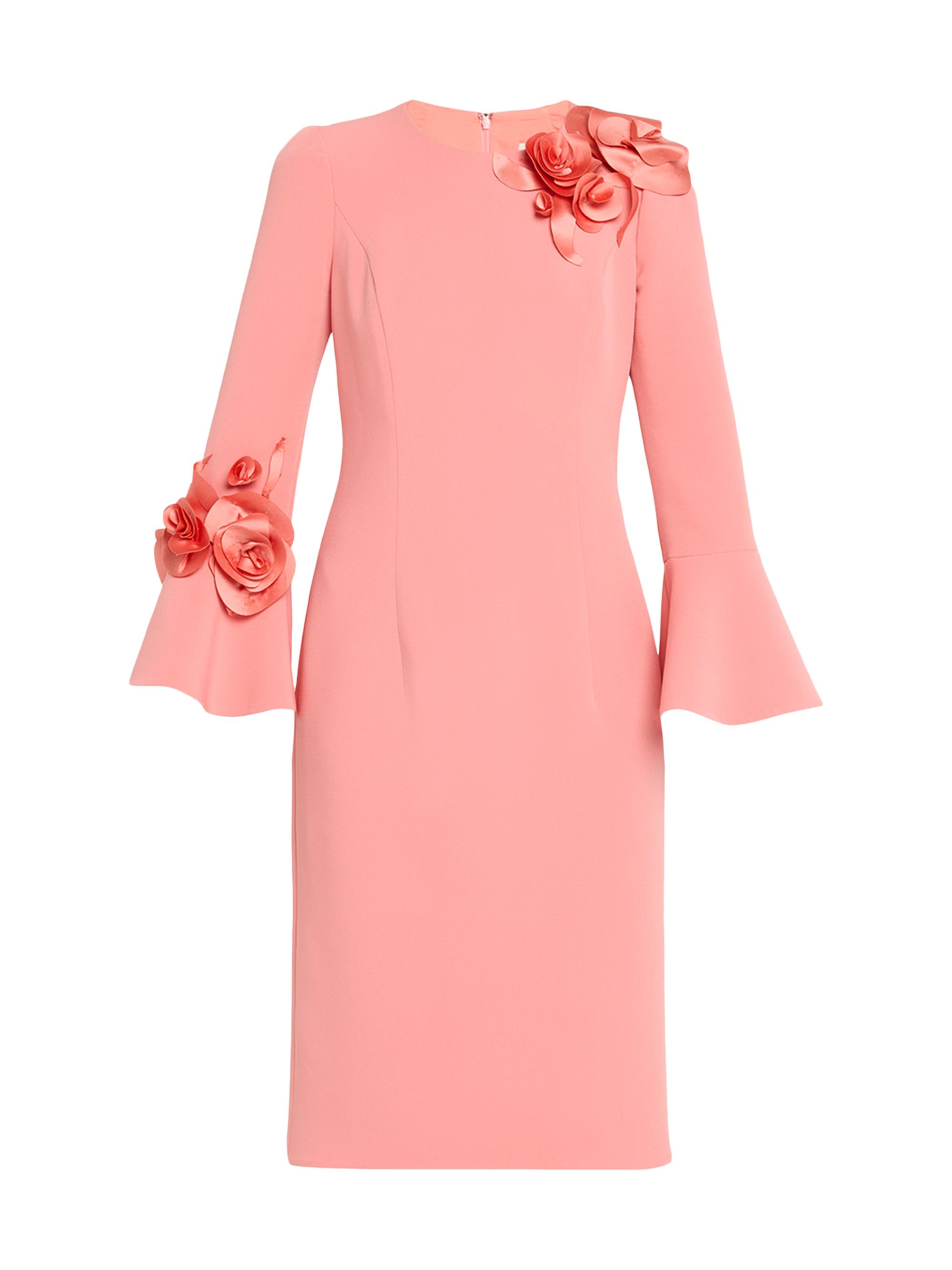 Teri Jon by Rickie Freeman Women's Flower Appliqué Flair-Cuff Mikado Crepe Midi-Dress - Salmon