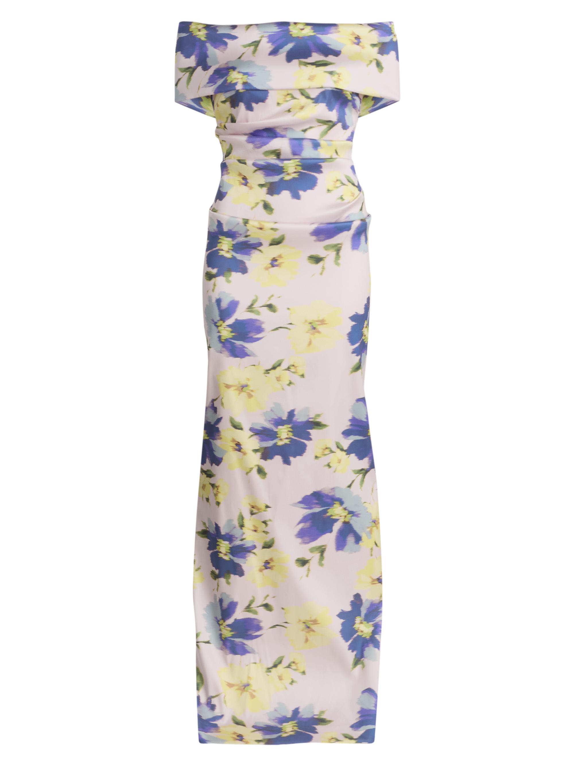Teri Jon by Rickie Freeman Women's Mikado Floral Cuff Bodice Ruched Gown - Blush Multi