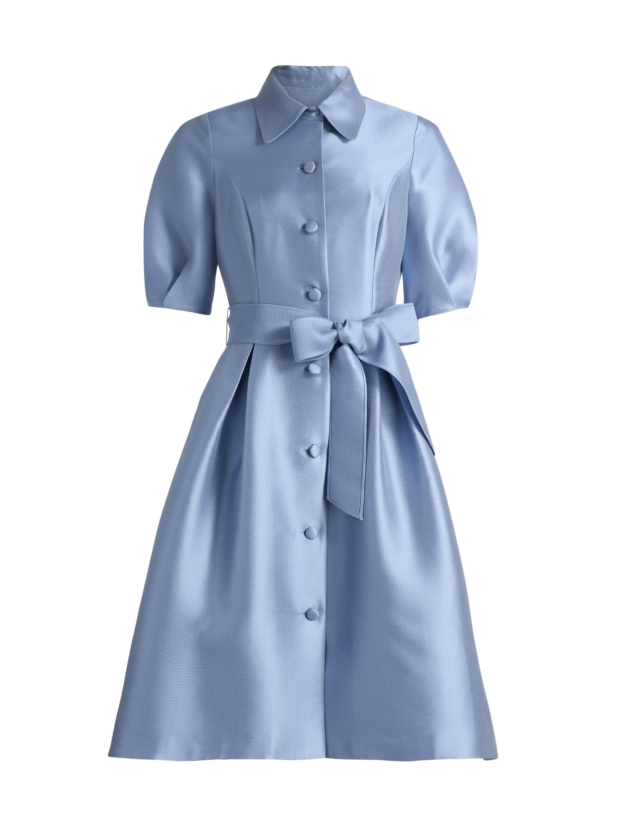 Teri Jon by Rickie Freeman Women's Tie-Waist Faille Knee-Length Shirtdress - Powder Blue