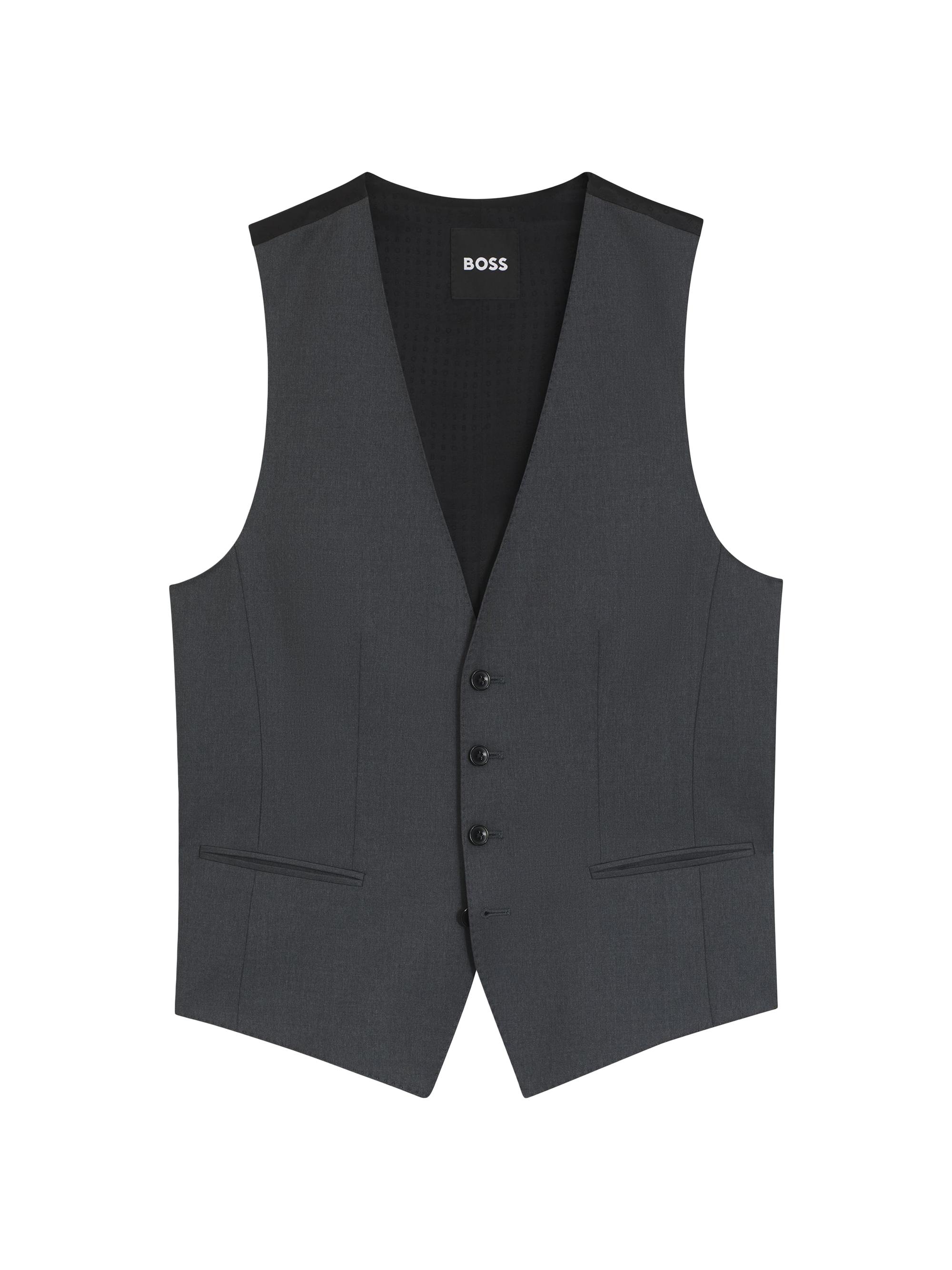 BOSS Men's Single-Breasted Waistcoat in Virgin-Wool Serge - Dark Grey