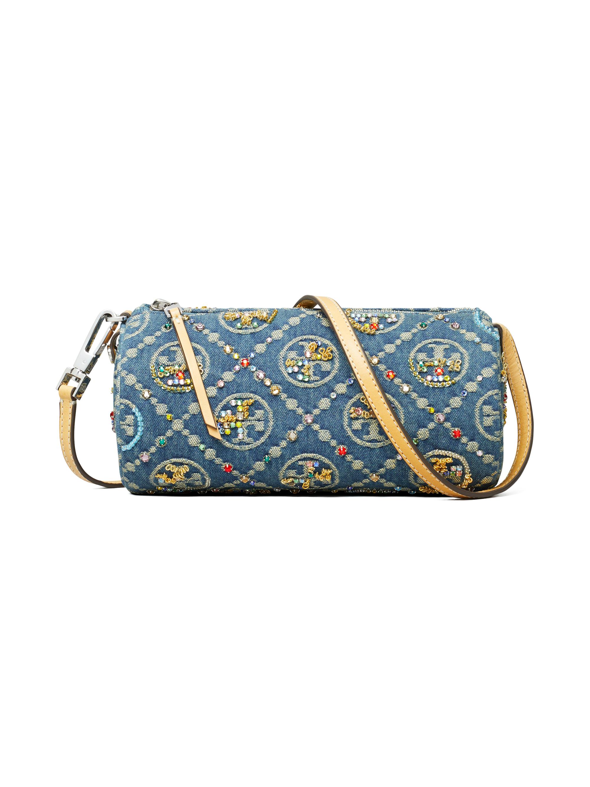 Tory Burch T Monogram Embellished Denim Cylinder Bag | Saks Fifth