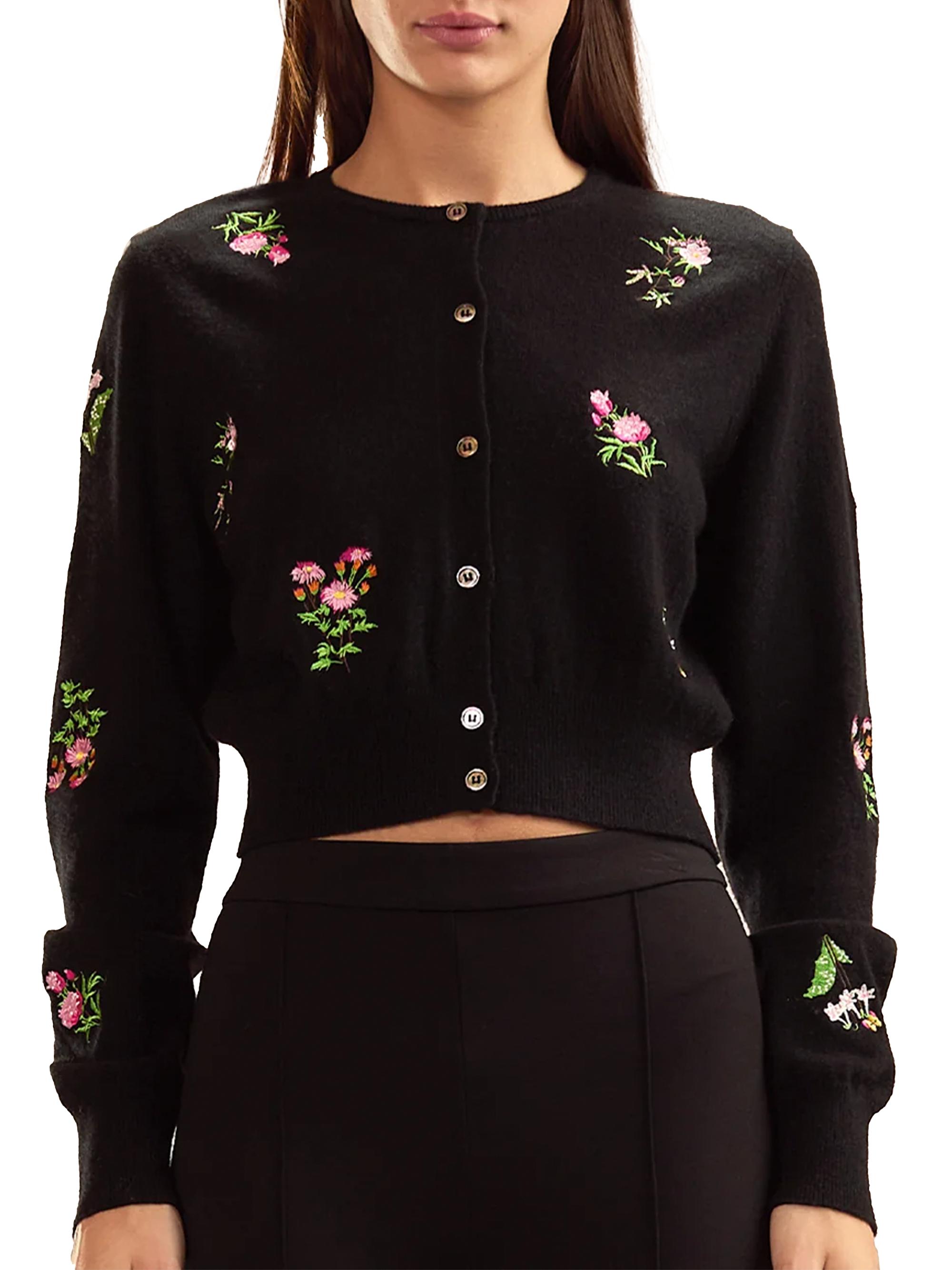 Cynthia Rowley Women's Forget Me Not Embroidered Floral Cardigan - Black Multi