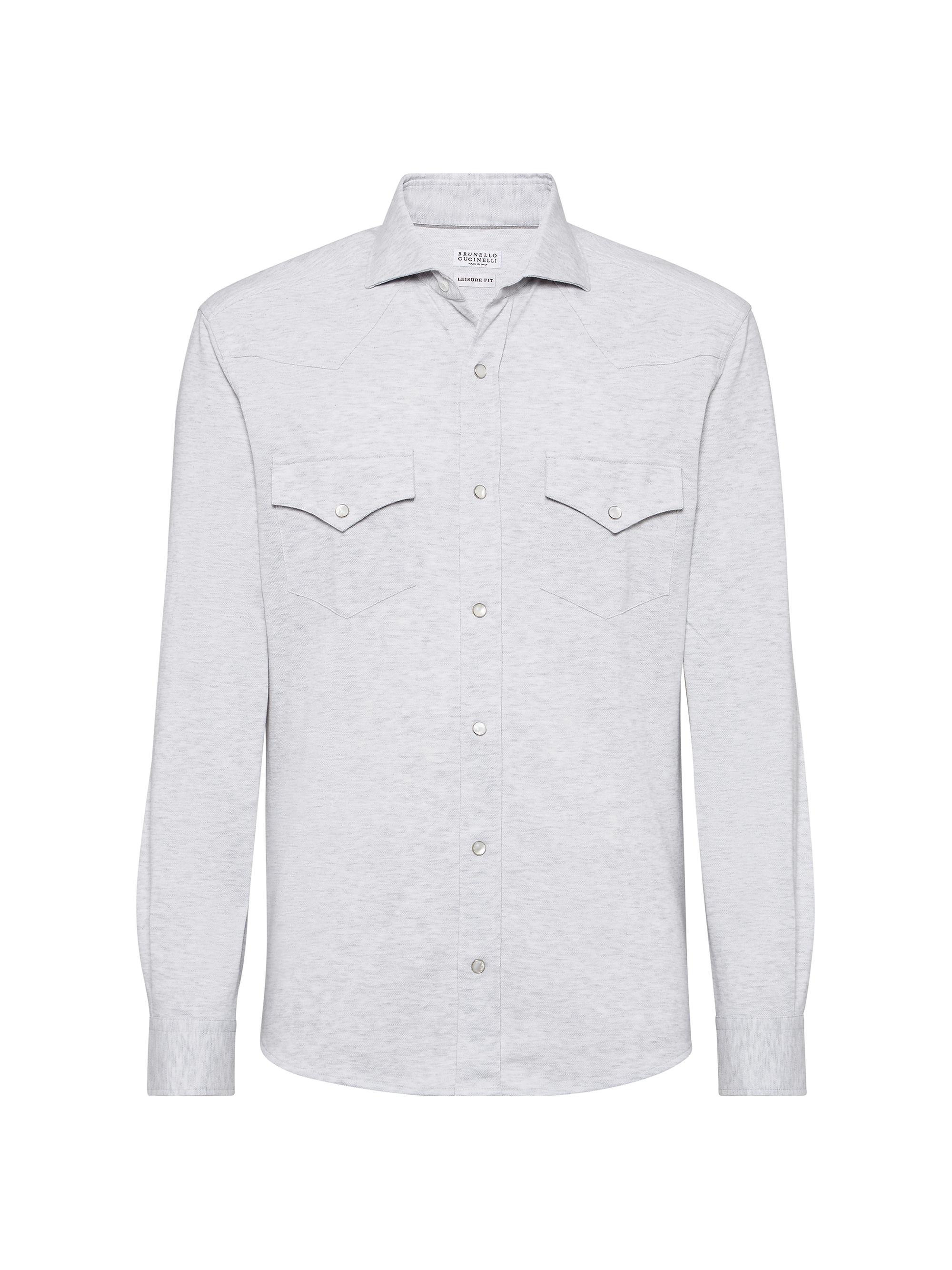 Brunello Cucinelli Men's Cotton Piqué Western Shirt - Light Grey