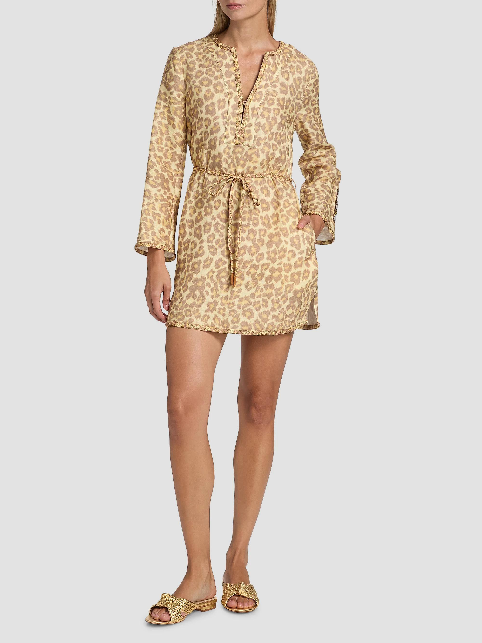 Zimmermann Awaken Braid-Trim Leopard-Print Linen Minidress  display picture 3