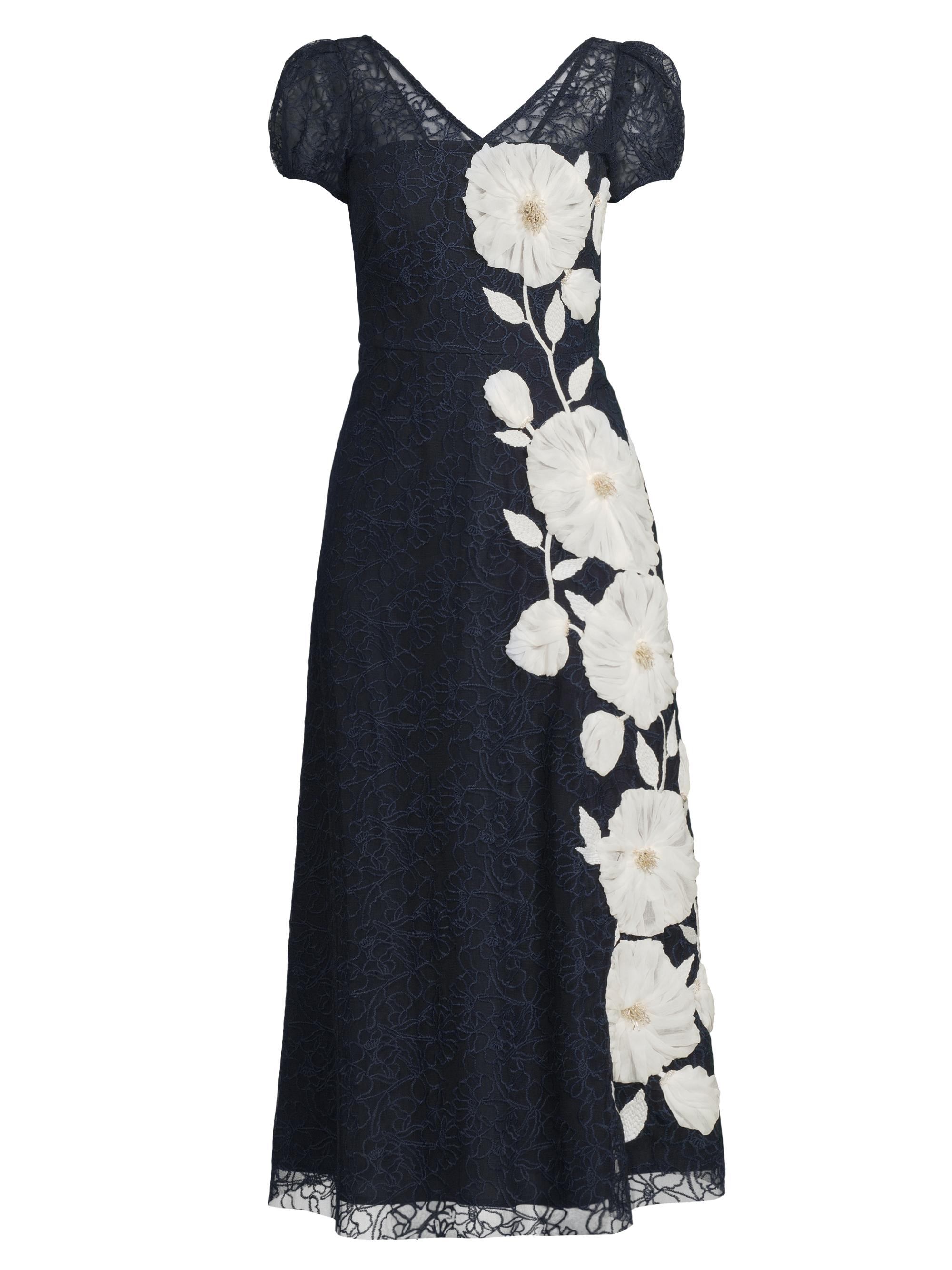 Kay Unger Women's Layla Floral Embroidered Tea-Length Dress - Deep Navy