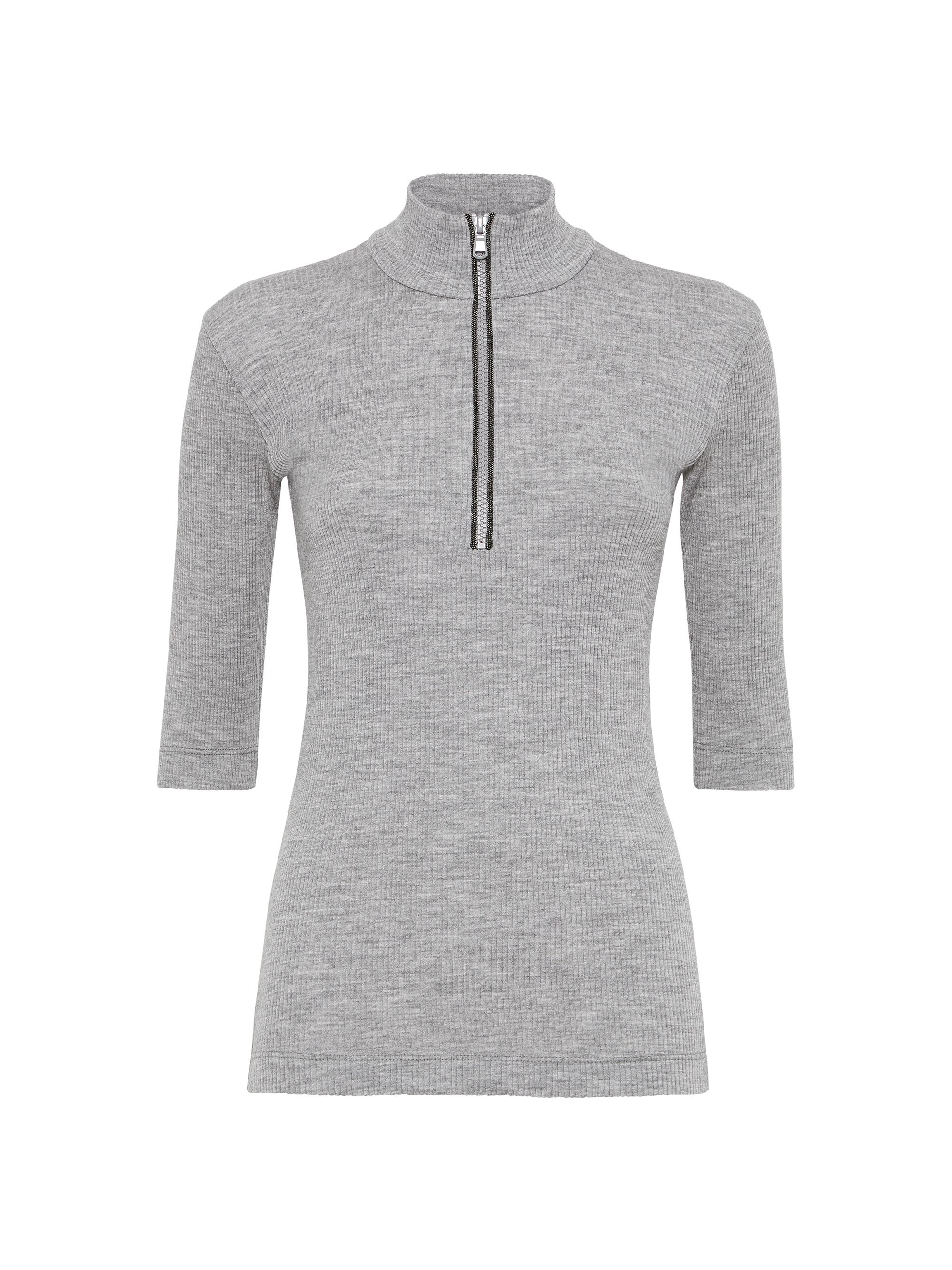 Brunello Cucinelli Women's Ribbed Wool Jersey Top with Shiny Half Zip - Grey