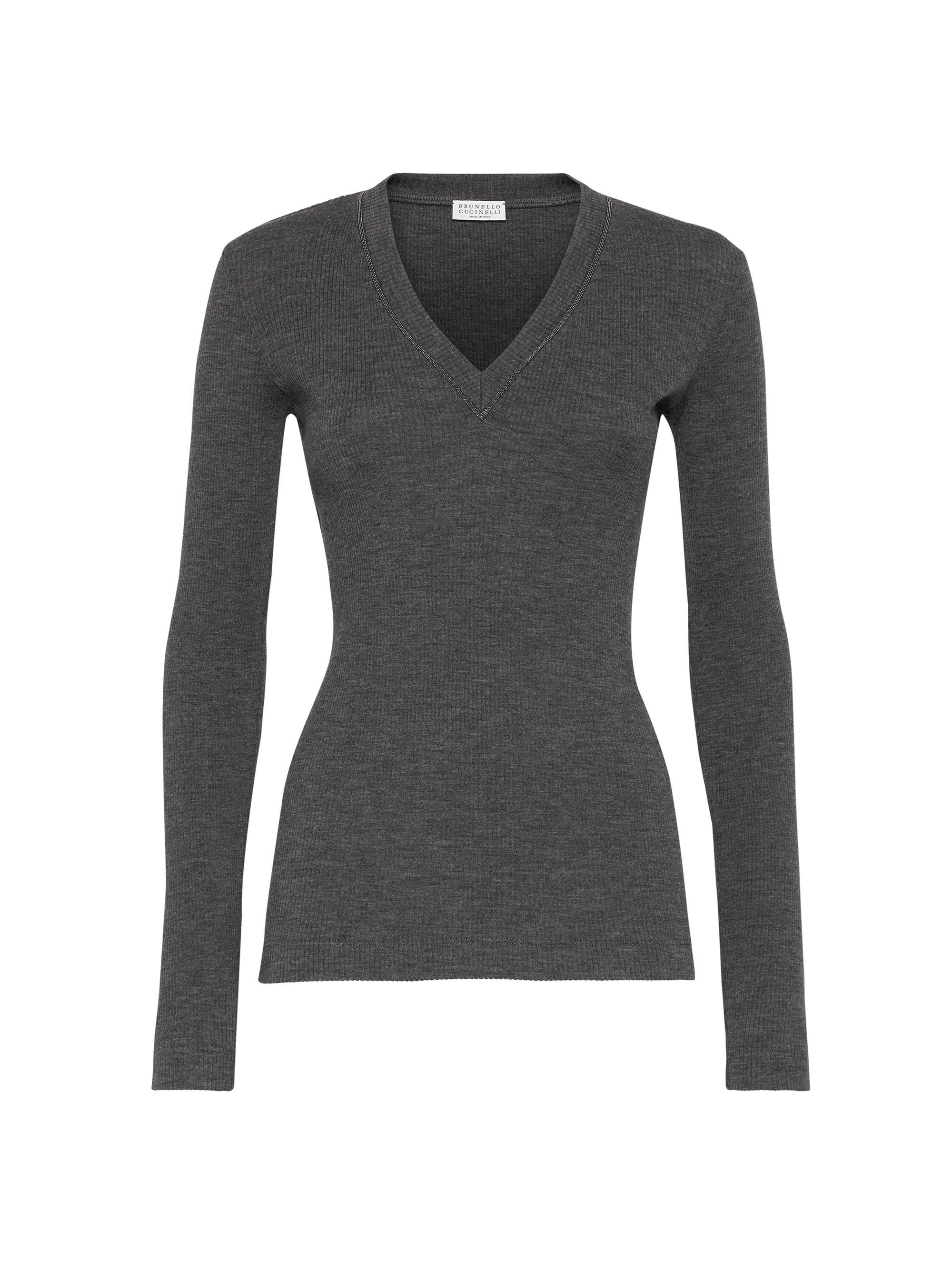 Brunello Cucinelli Women's Ribbed Wool Jersey Top with Shiny Trim - Anthracite
