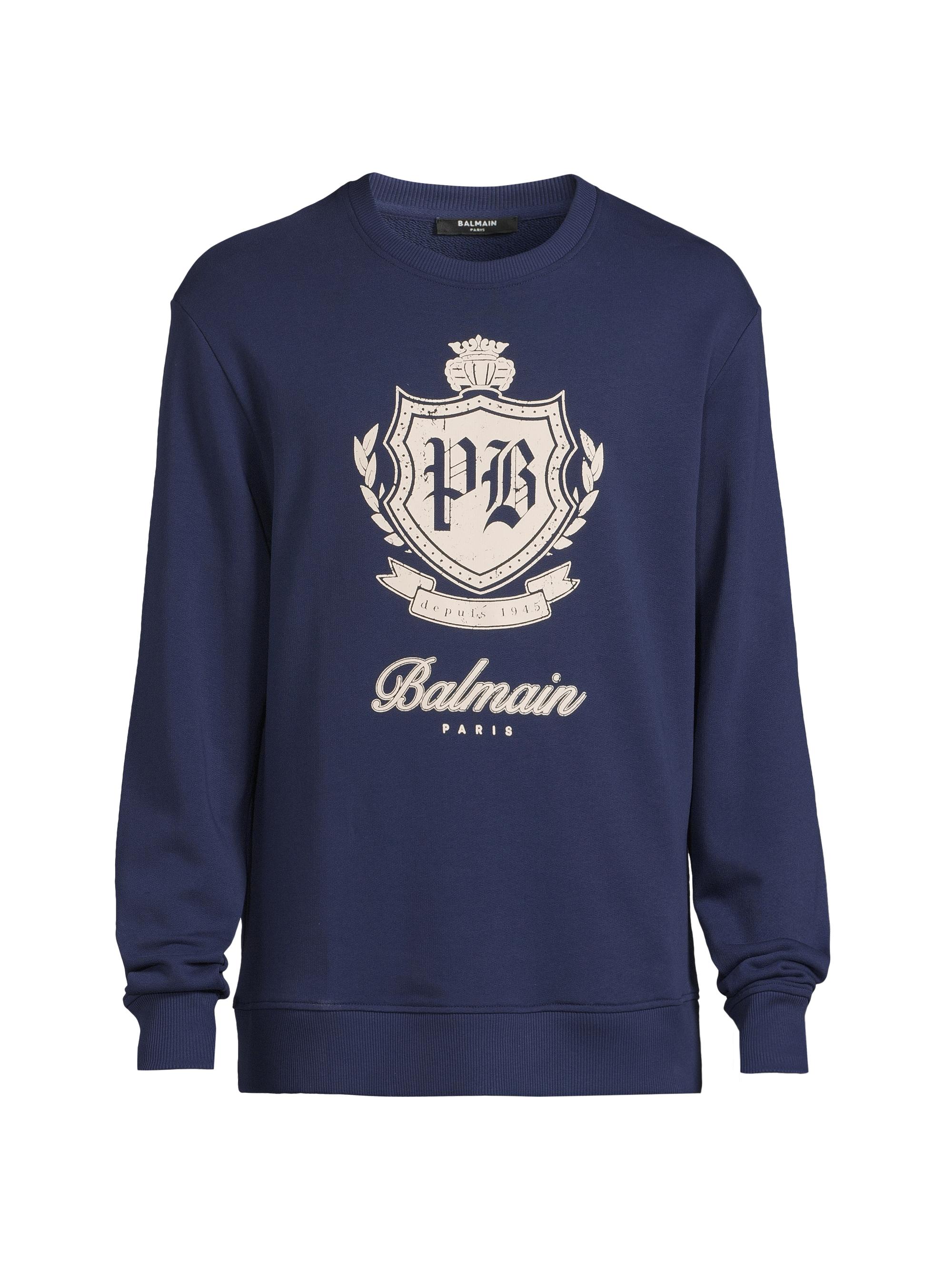 Balmain Men's College Emblem Crewneck Sweatshirt - Bleu Beige