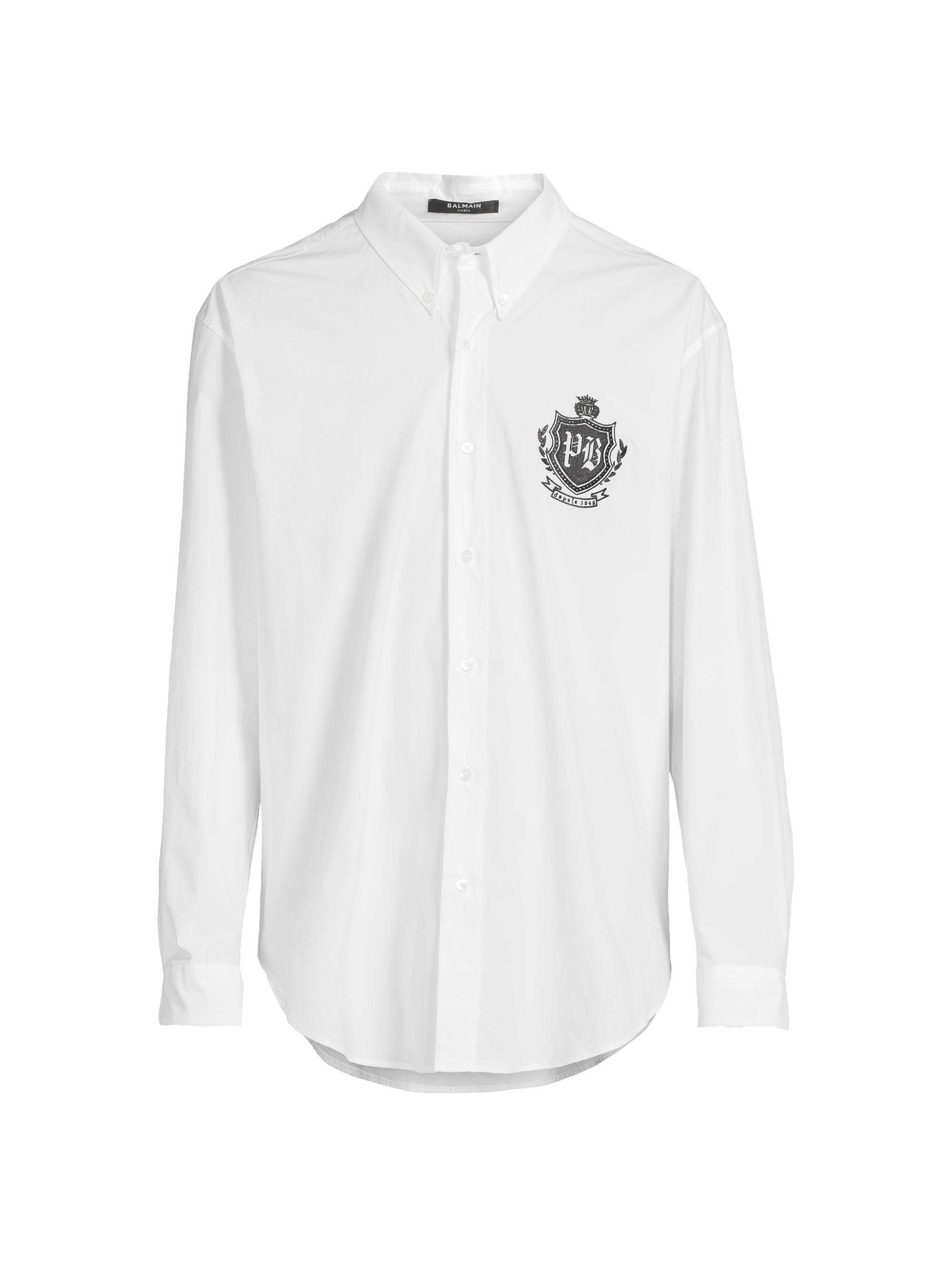 Balmain Men's College Emblem Cotton Button-Front Shirt - Blancaoptique
