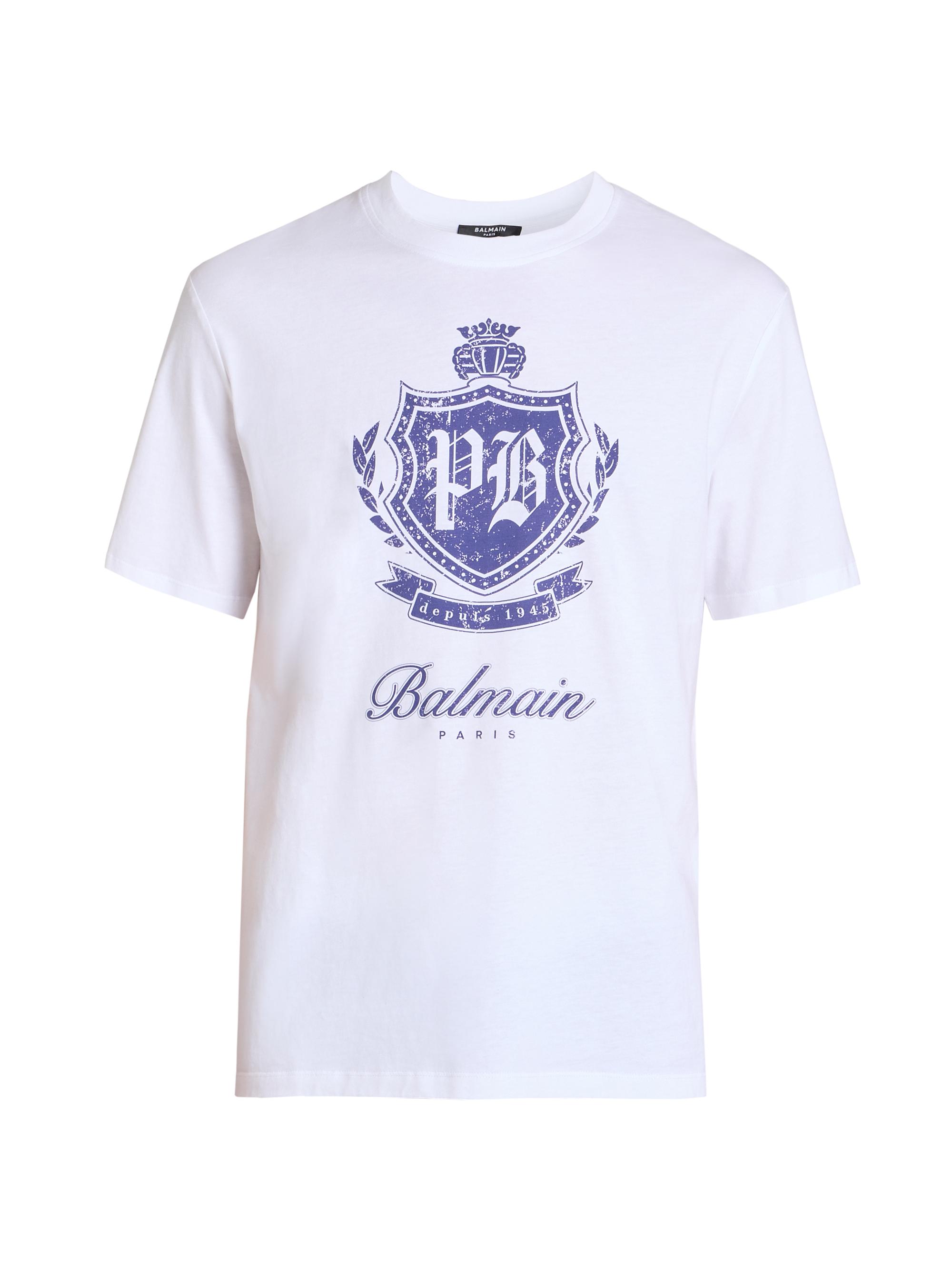 Balmain Men's Emblem Logo Cotton T-Shirt - Blanca Bleu