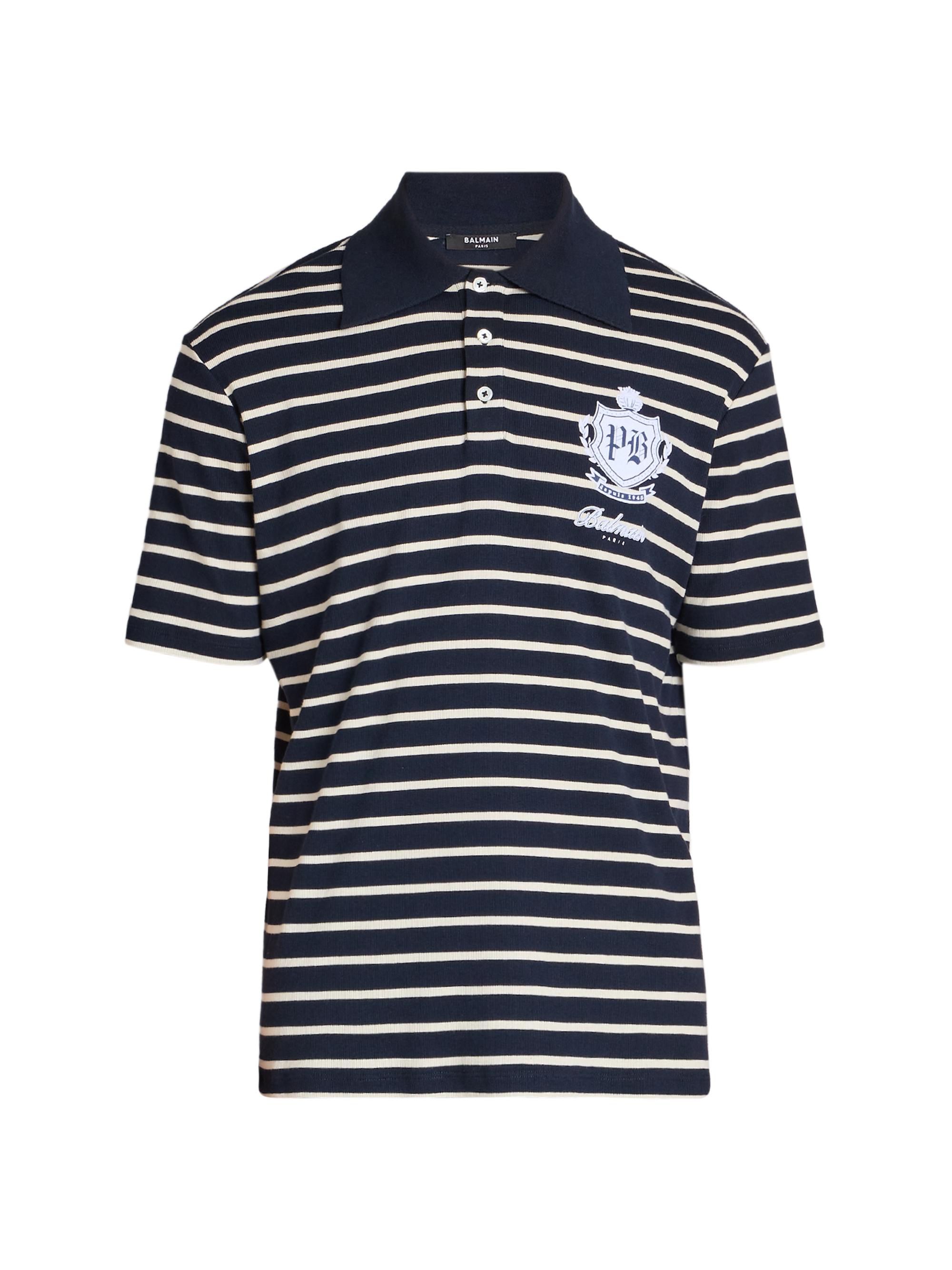 Balmain Men's Marinière Striped College Emblem Polo Shirt - Bleu Beige Blanca