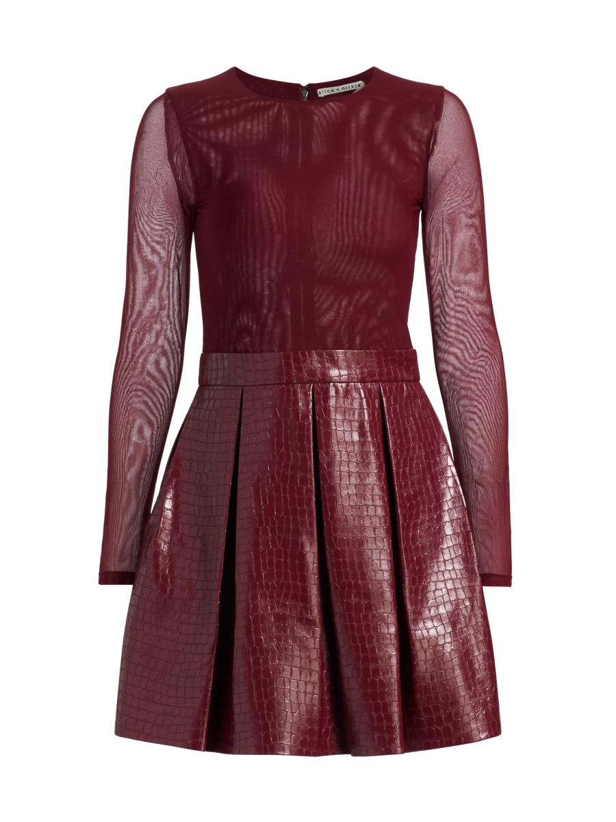 Alice And Olivia Women's Chara Faux Croc-embossed Leather Minidress In Burgundy