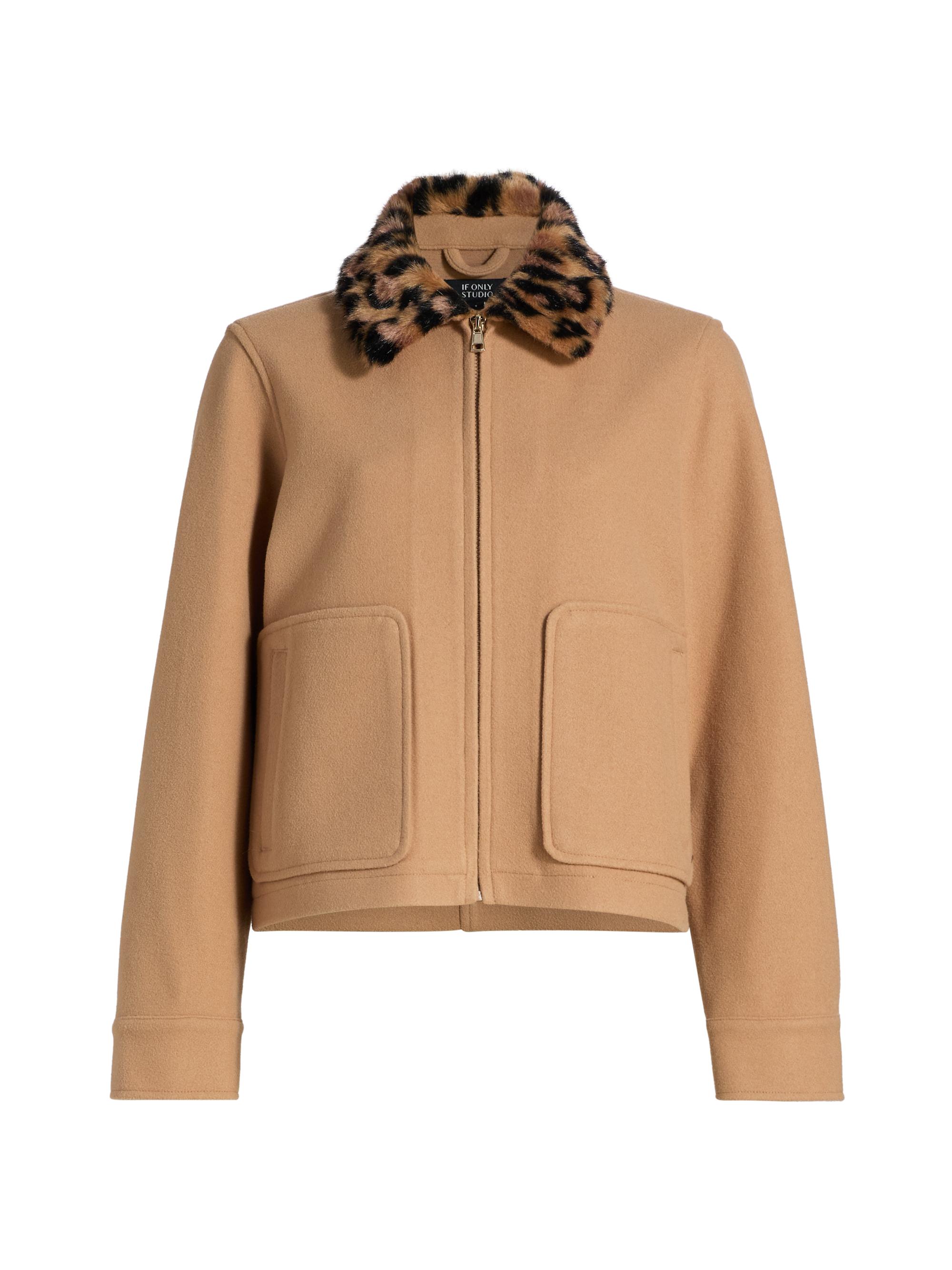 If Only Studio Women's Leopard-Print Collar Faux-Wool Jacket - Camel