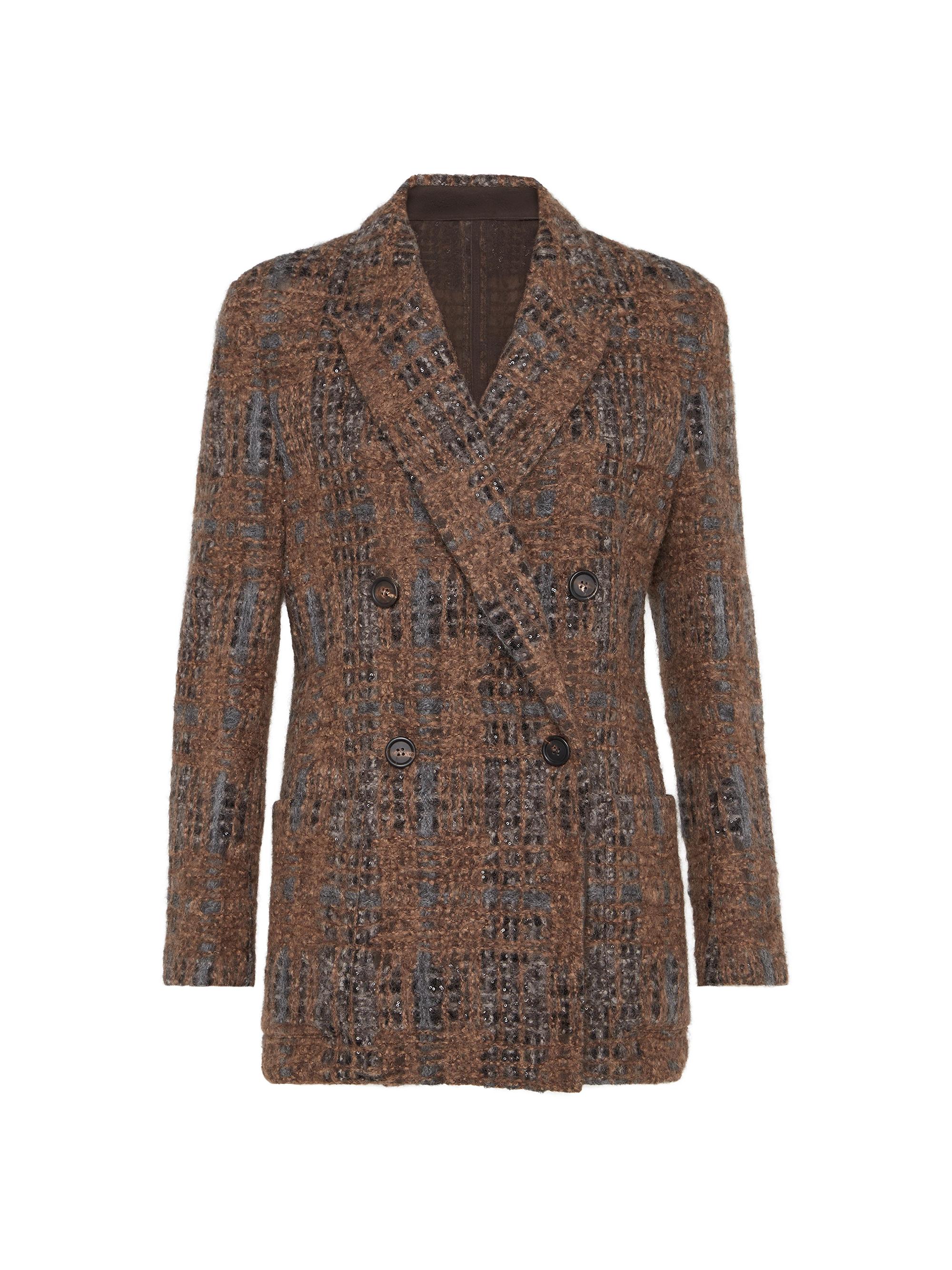 Brunello Cucinelli Women's Crispy Silk Blazer with Dazzling Prince of Wales Embroidery - Brown