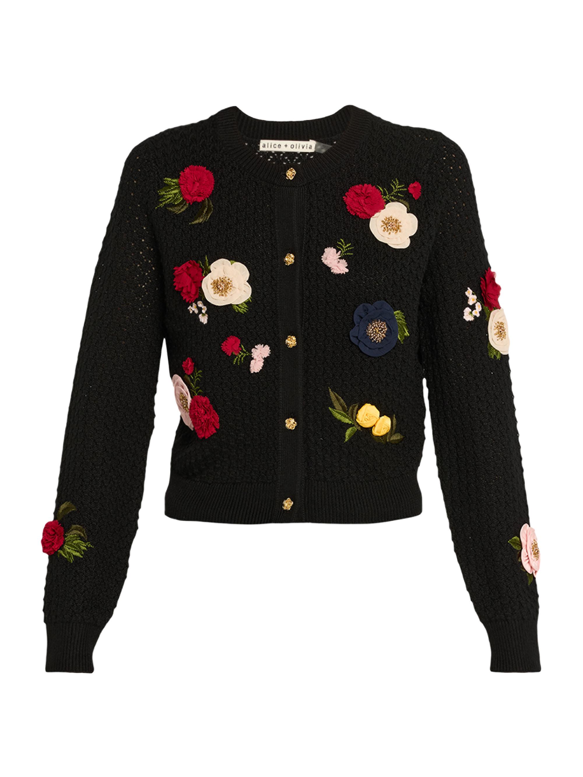 Alice + Olivia Women's Dollie Embellished Floral Stretch-Wool Cardigan - Black Multi