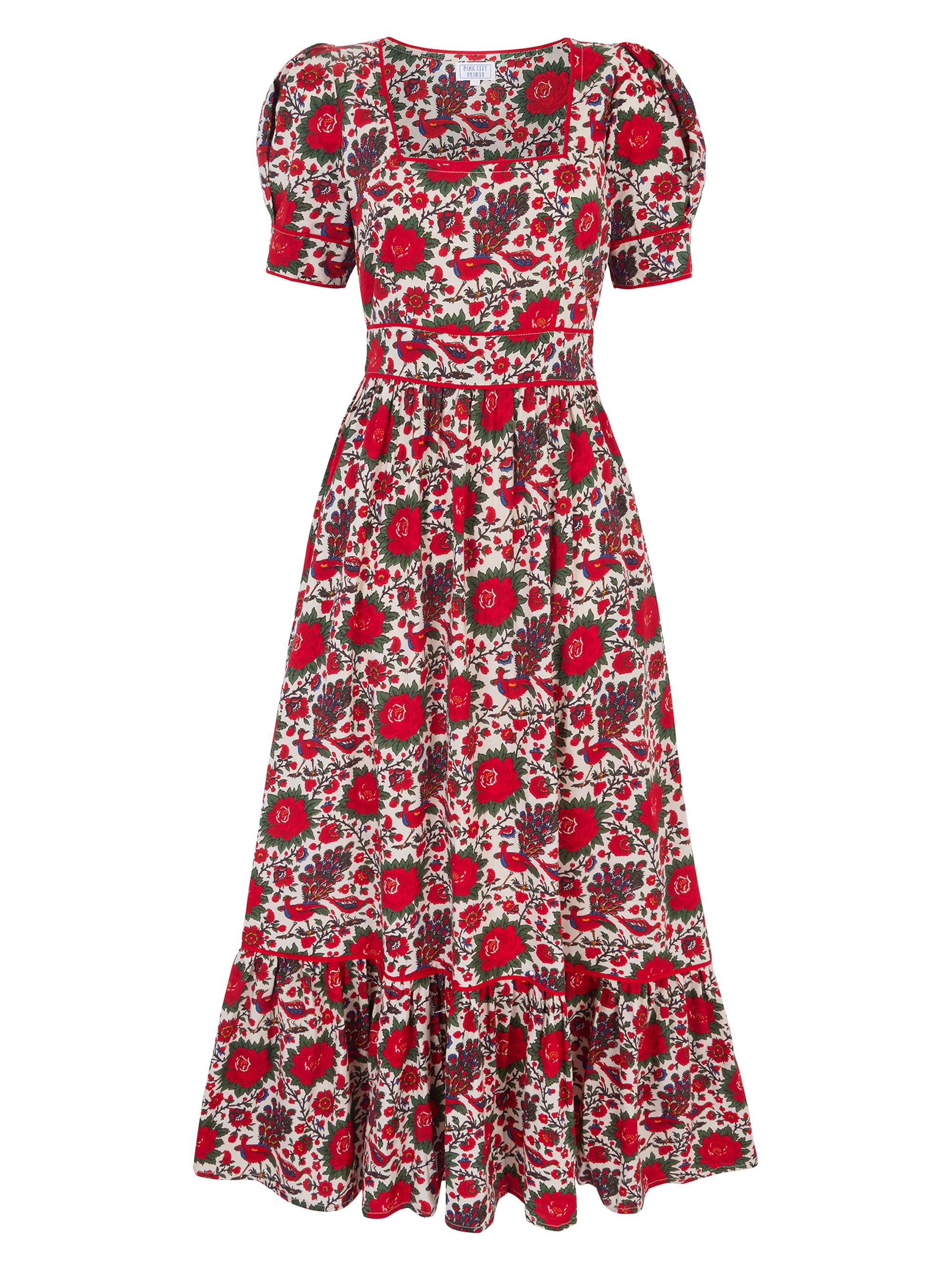 Pink City Prints Women's Peony Bird Evelyn Dress - Red