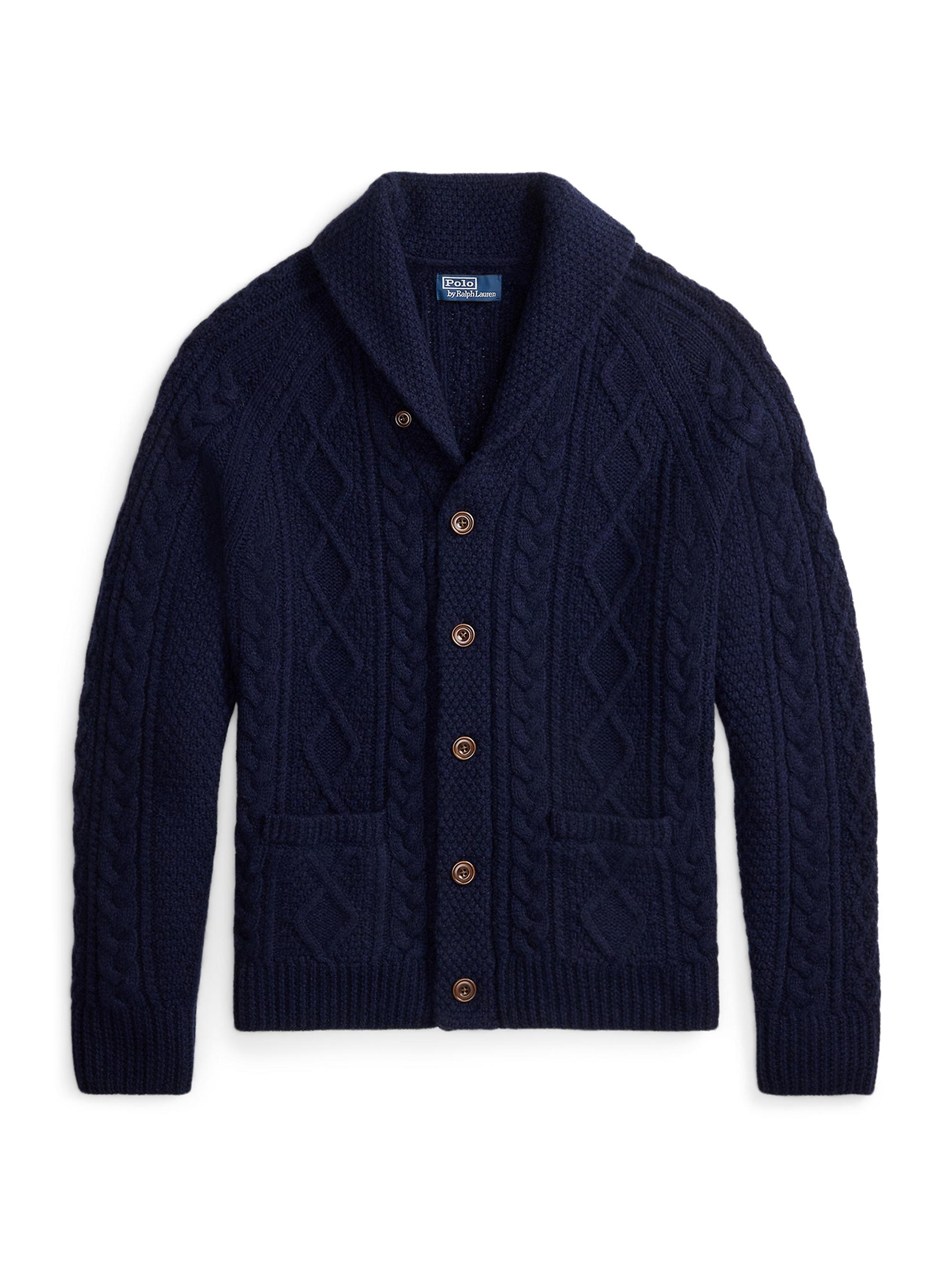 Polo Ralph Lauren Men's Suede Elbow-Patch Wool-Blend Cable-Knit Cardigan - Hunter Navy
