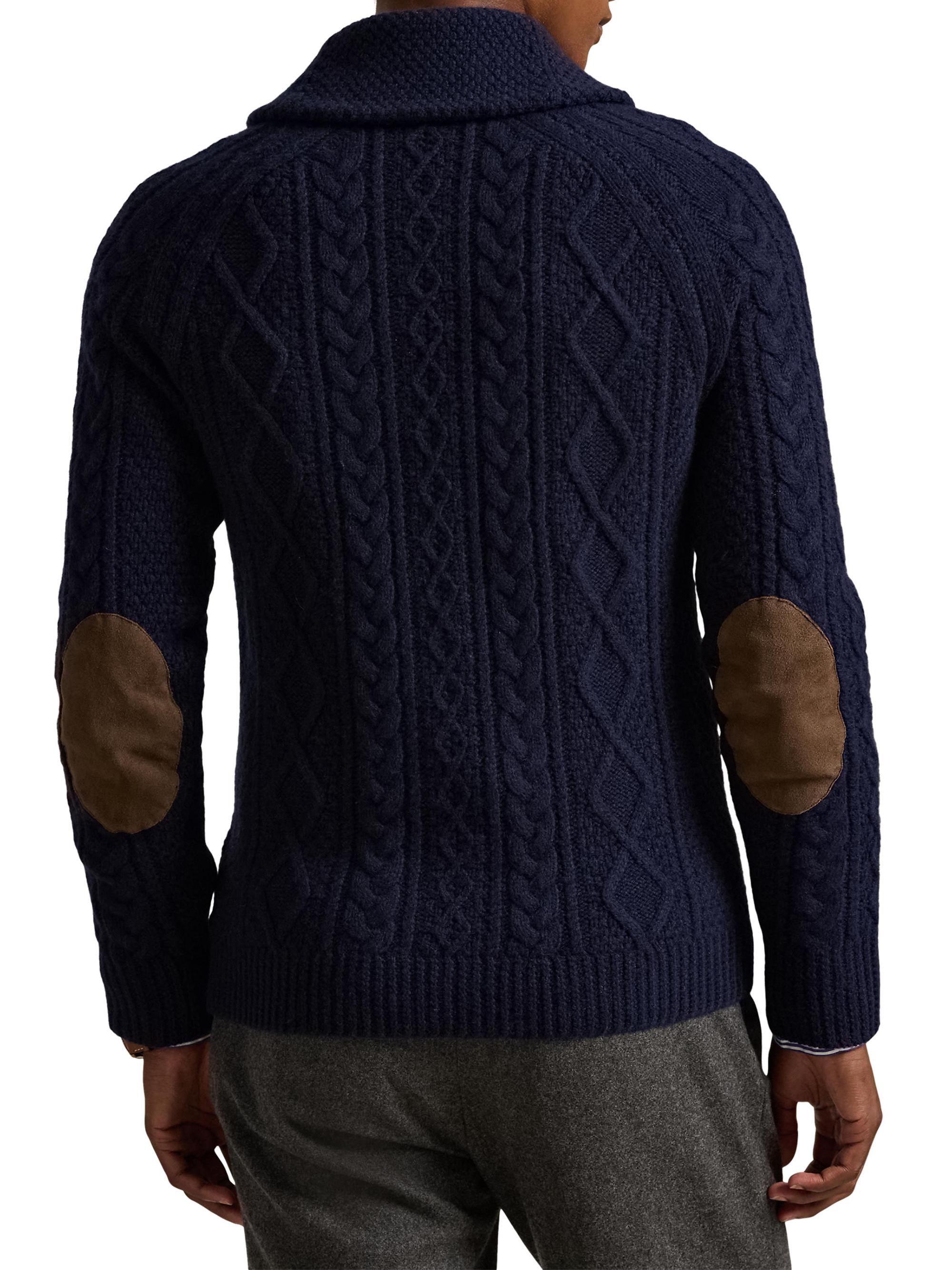 Polo Ralph Lauren Suede Elbow-Patch Wool-Blend Cable-Knit Cardigan