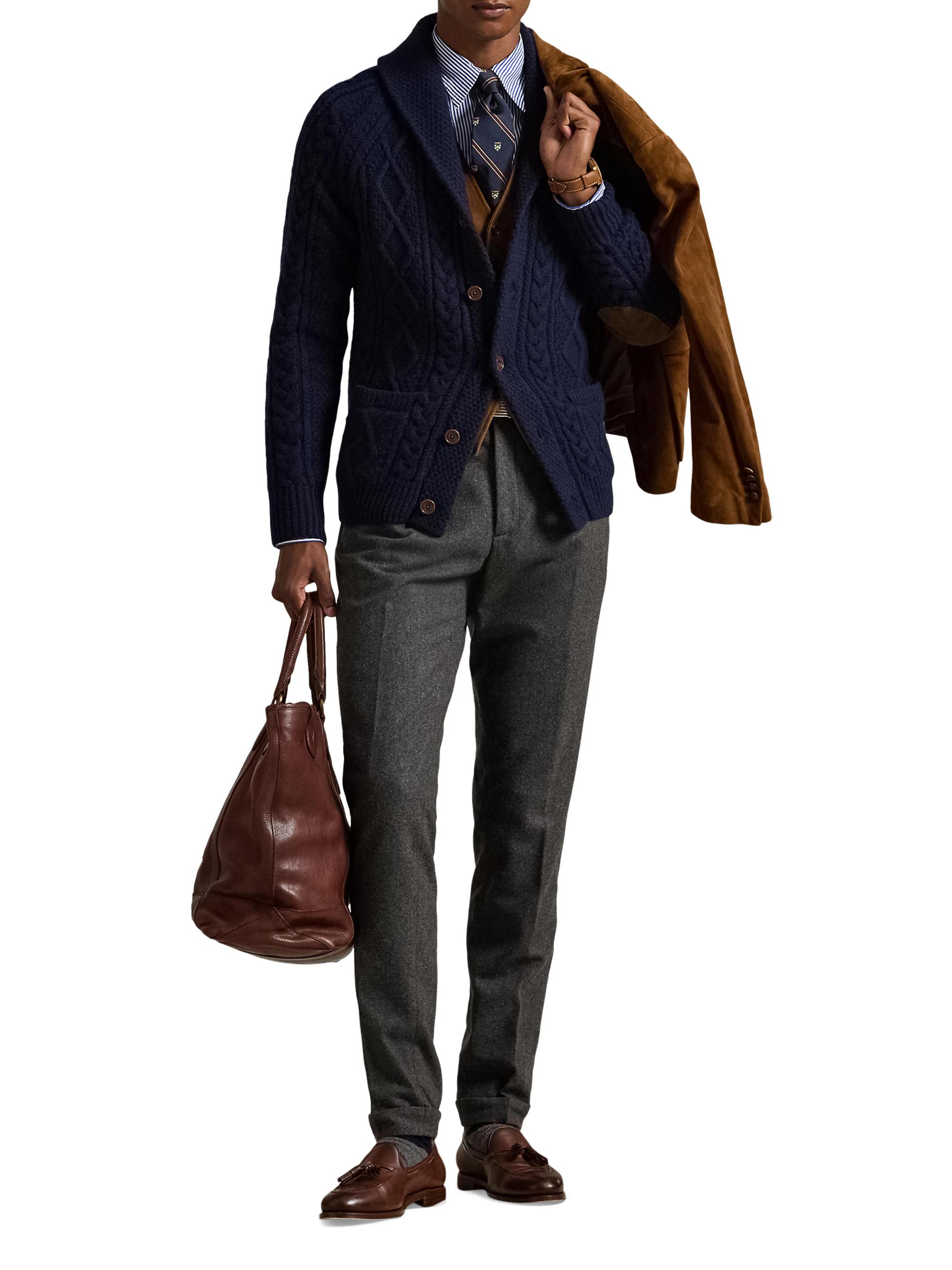 Polo Ralph Lauren Suede Elbow-Patch Wool-Blend Cable-Knit Cardigan