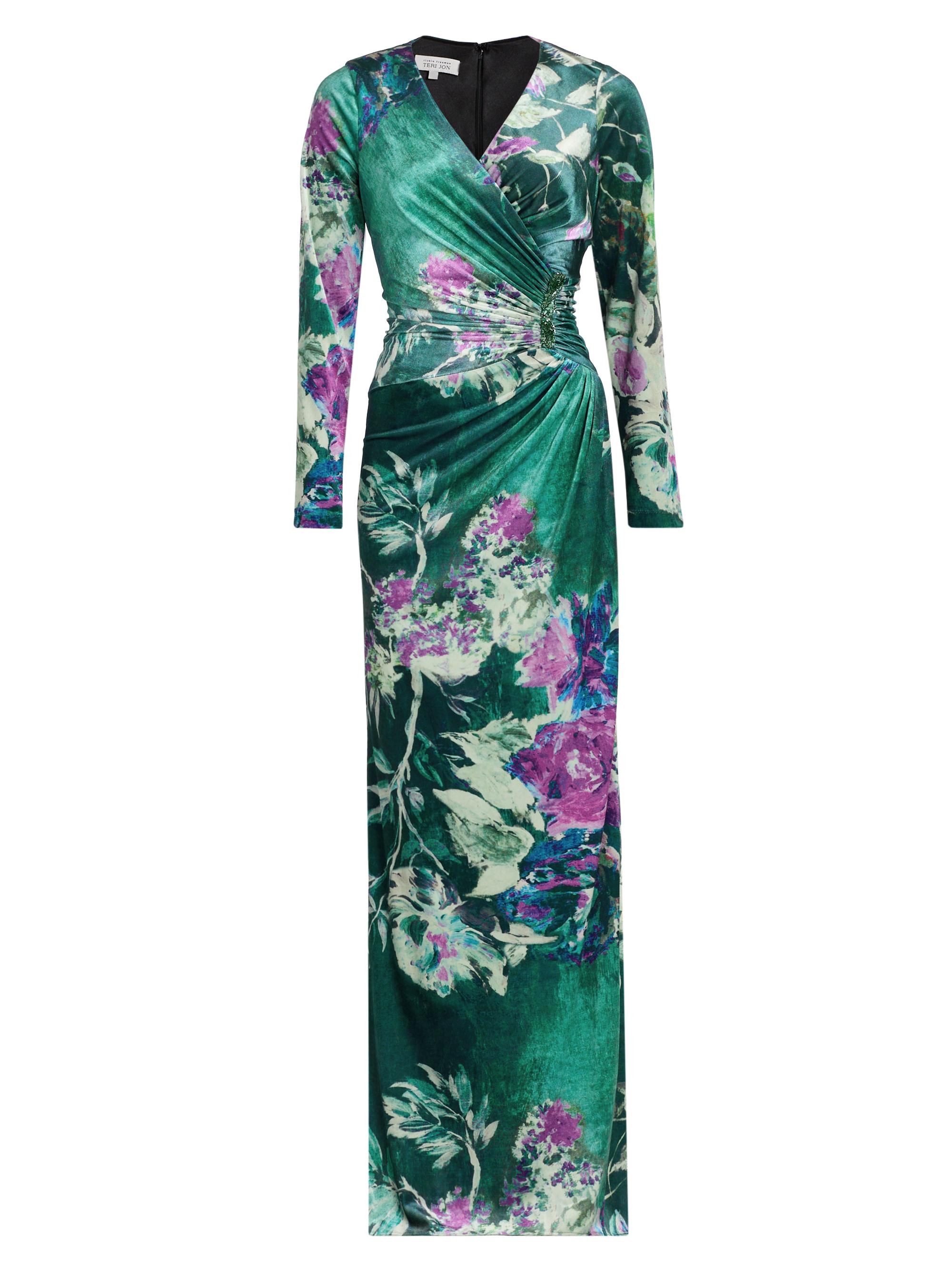 Teri Jon by Rickie Freeman Women's Bead-Embellished Ruched Floral Velvet Gown - Green Multi