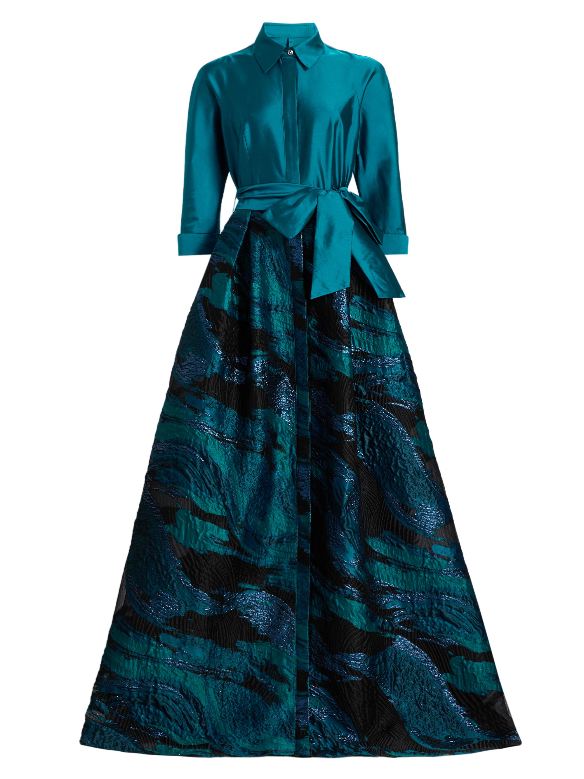 Teri Jon by Rickie Freeman Women's Wave Jacquard Shirtwaist Gown - Teal Multi