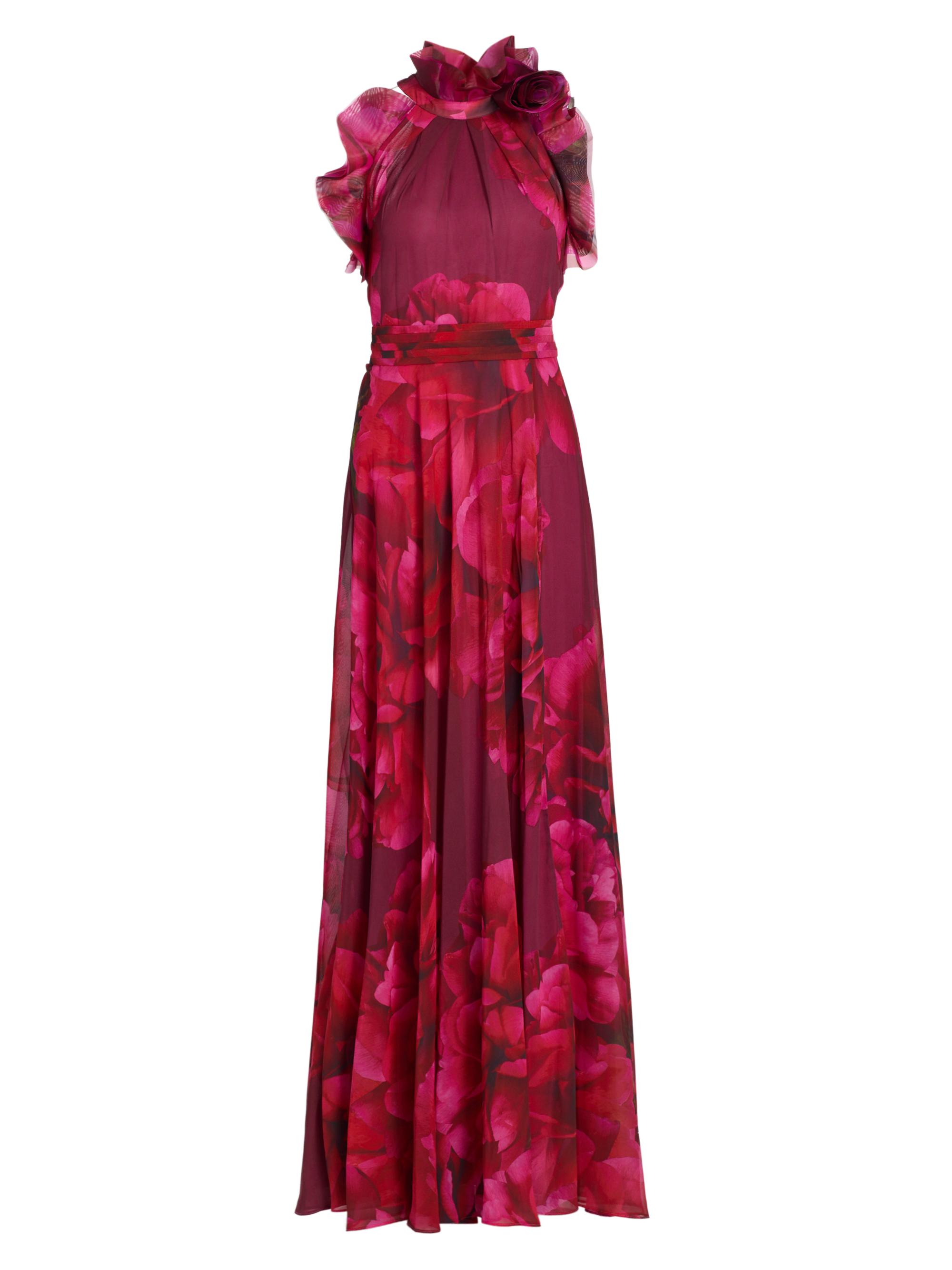 Teri Jon by Rickie Freeman Women's Ruffled Floral Chiffon Organza Halterneck Gown - Fuschia Multi