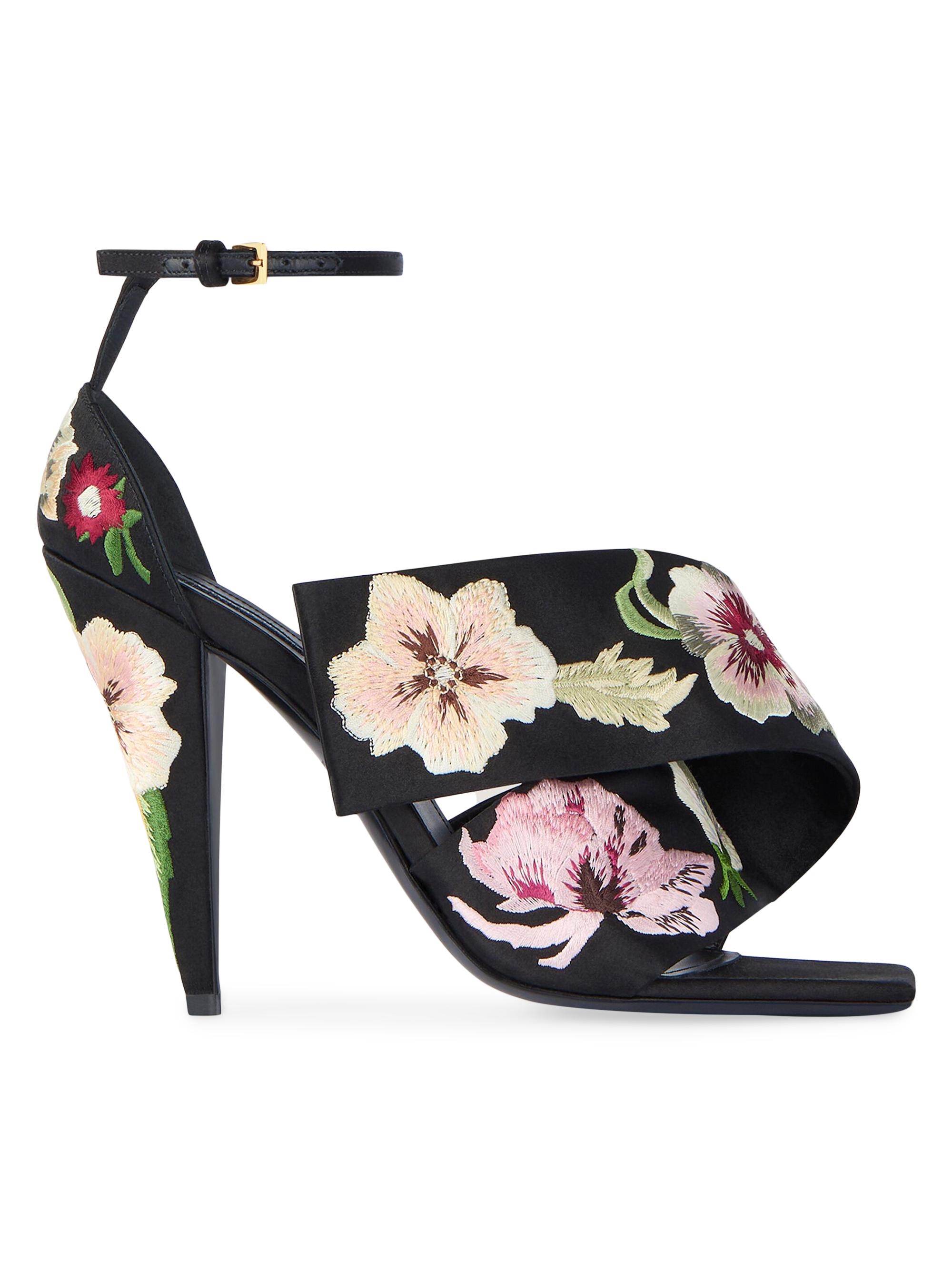 Givenchy Women's Sliced Square Heeled Sandals with Floral Embroideries - Black Red