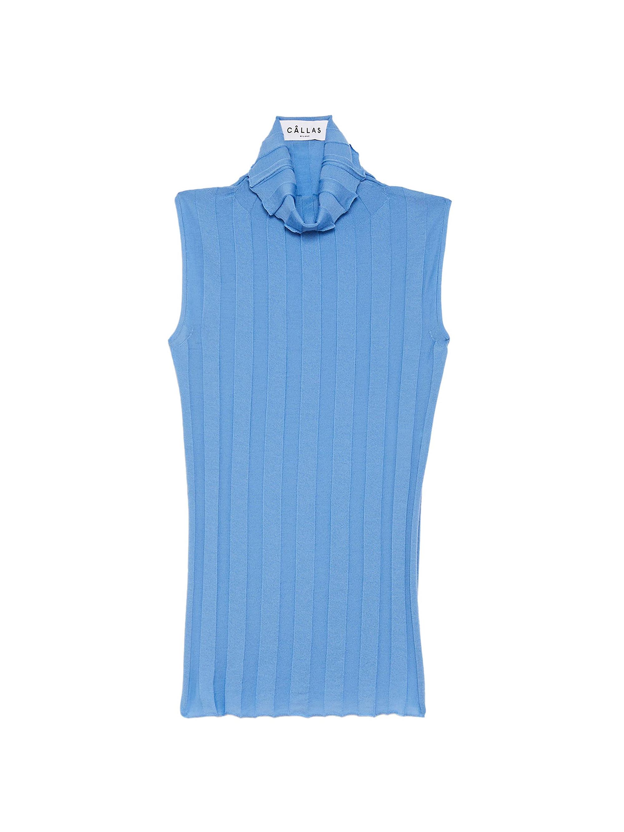 Callas Milano Women's Romy Sleeveless Turtleneck Sweater in Merino Wool Rib - Indigo Blue