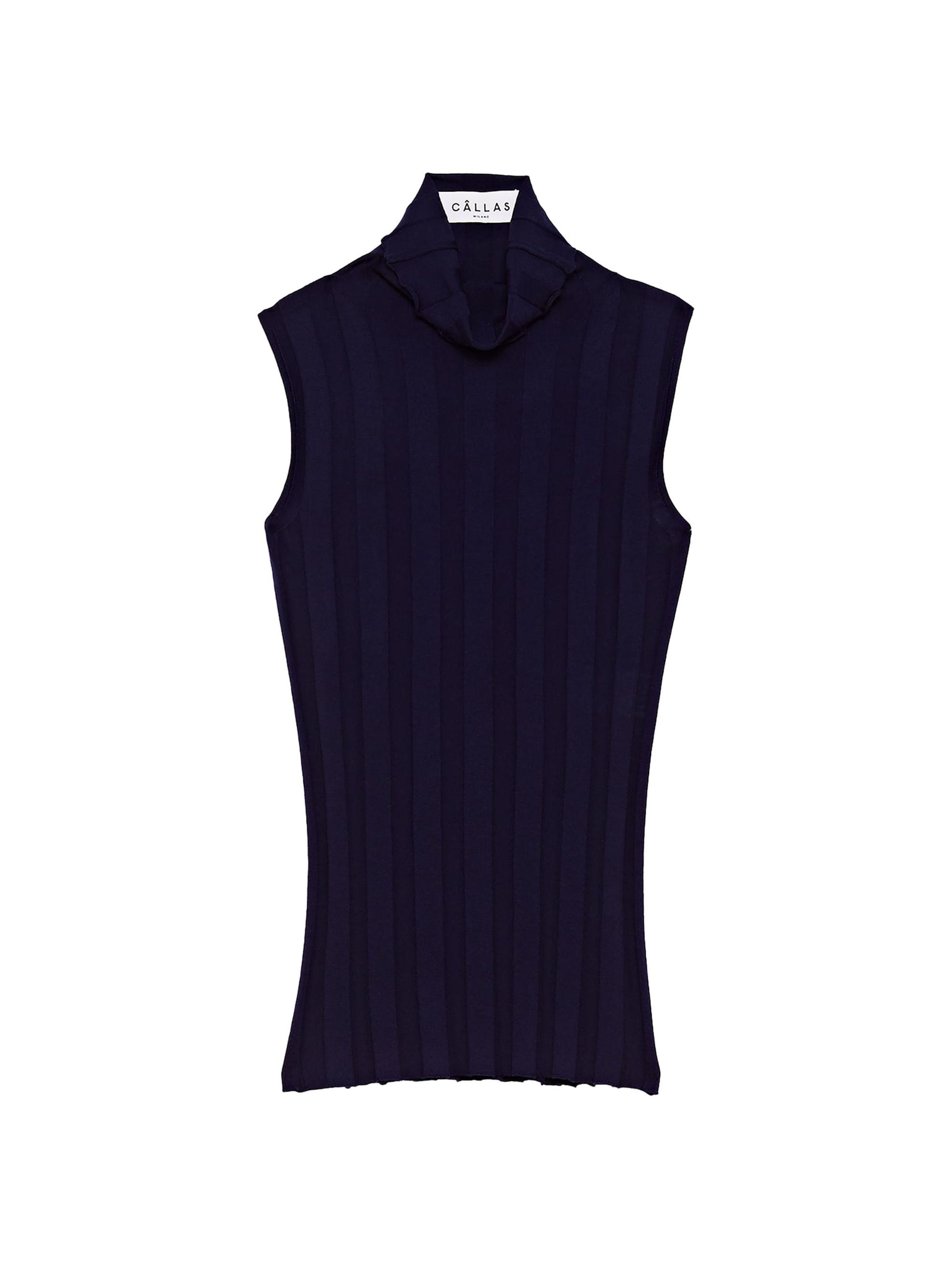 Callas Milano Women's Romy Sleeveless Turtleneck Sweater in Merino Wool Rib - Navy