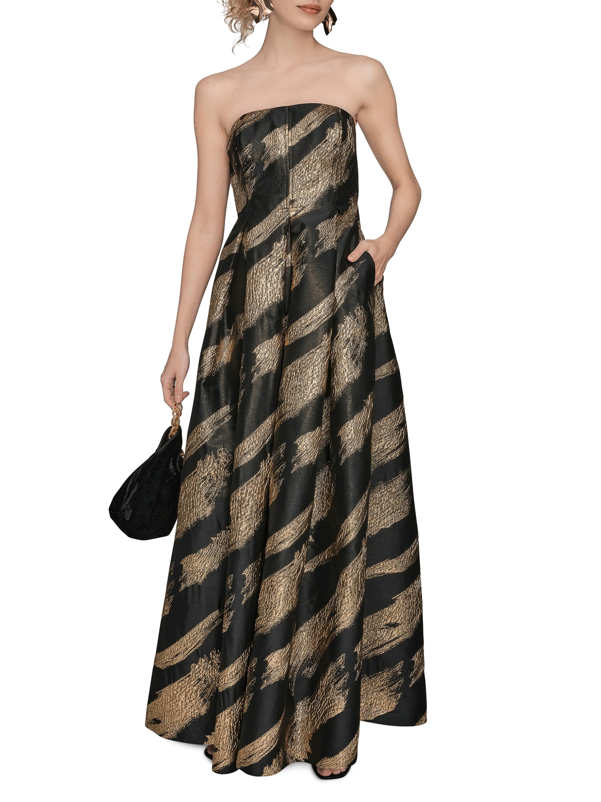 Donna Karan Women's Metallic Jacquard Strapless Ball Gown - Black/Gold - 14