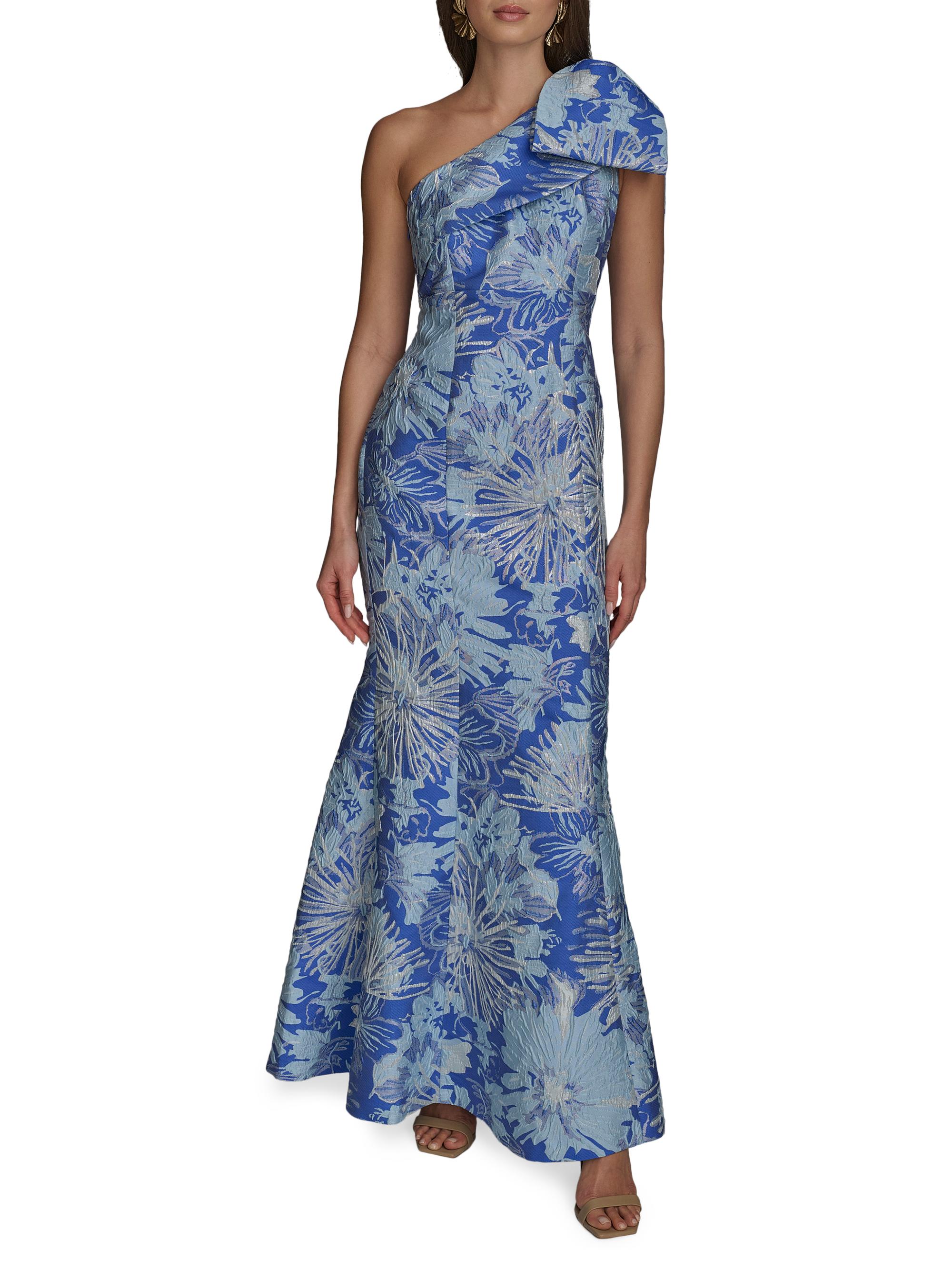 donna karan one shoulder dress Donna Karan Women's One Shoulder Floral Side Ruffle Gown Dress in Black Cream, Size 2
